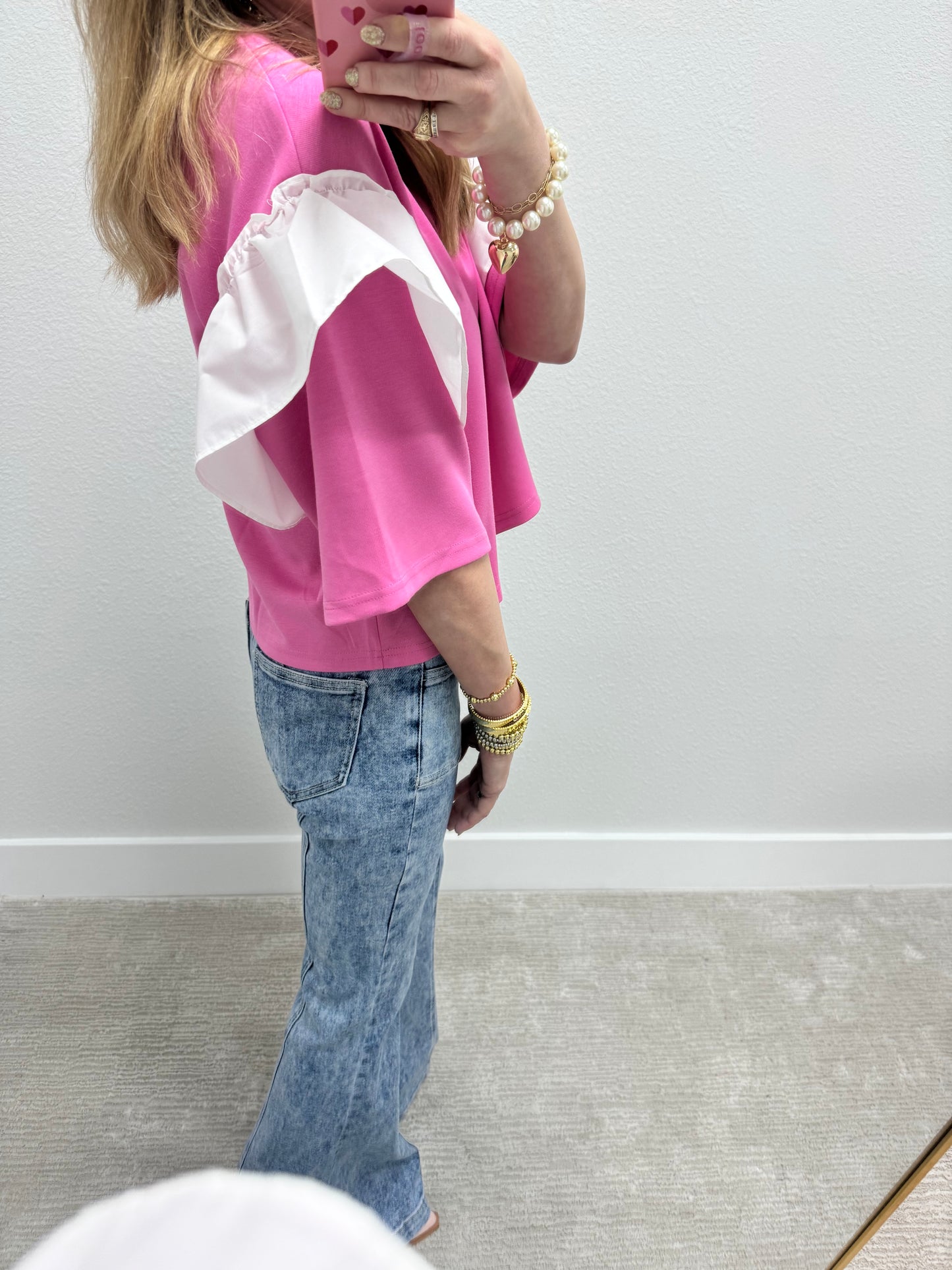 Pink Scuba Top With White Ruffle Arms