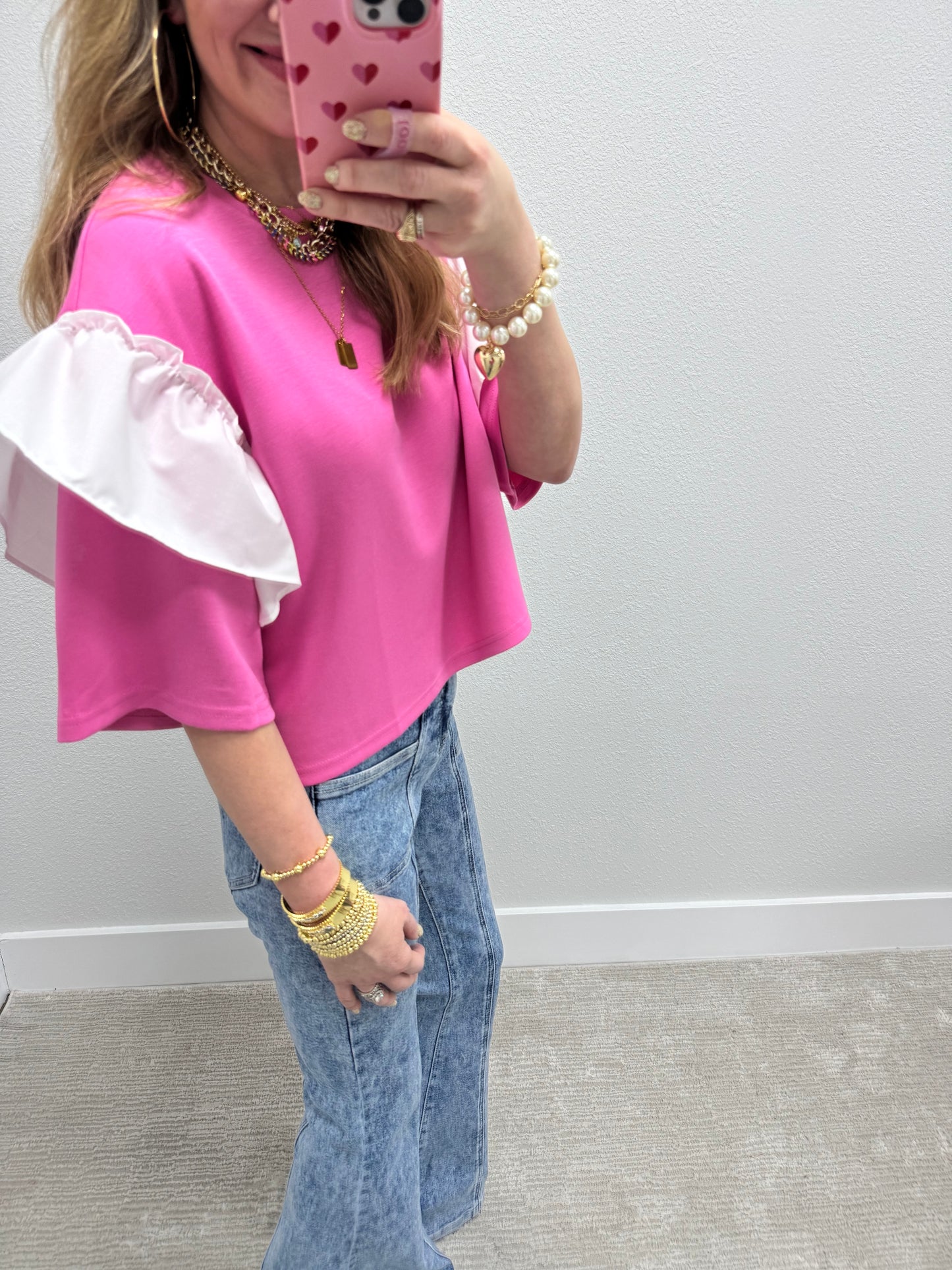 Pink Scuba Top With White Ruffle Arms