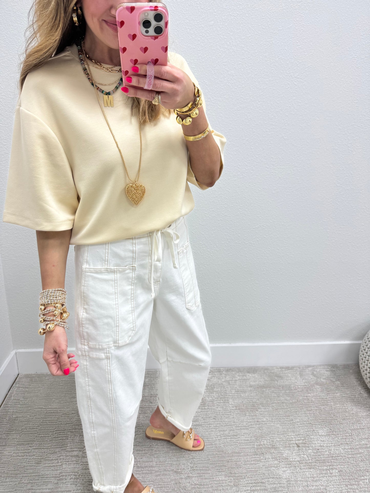 Cream Scuba Short Sleeve Top