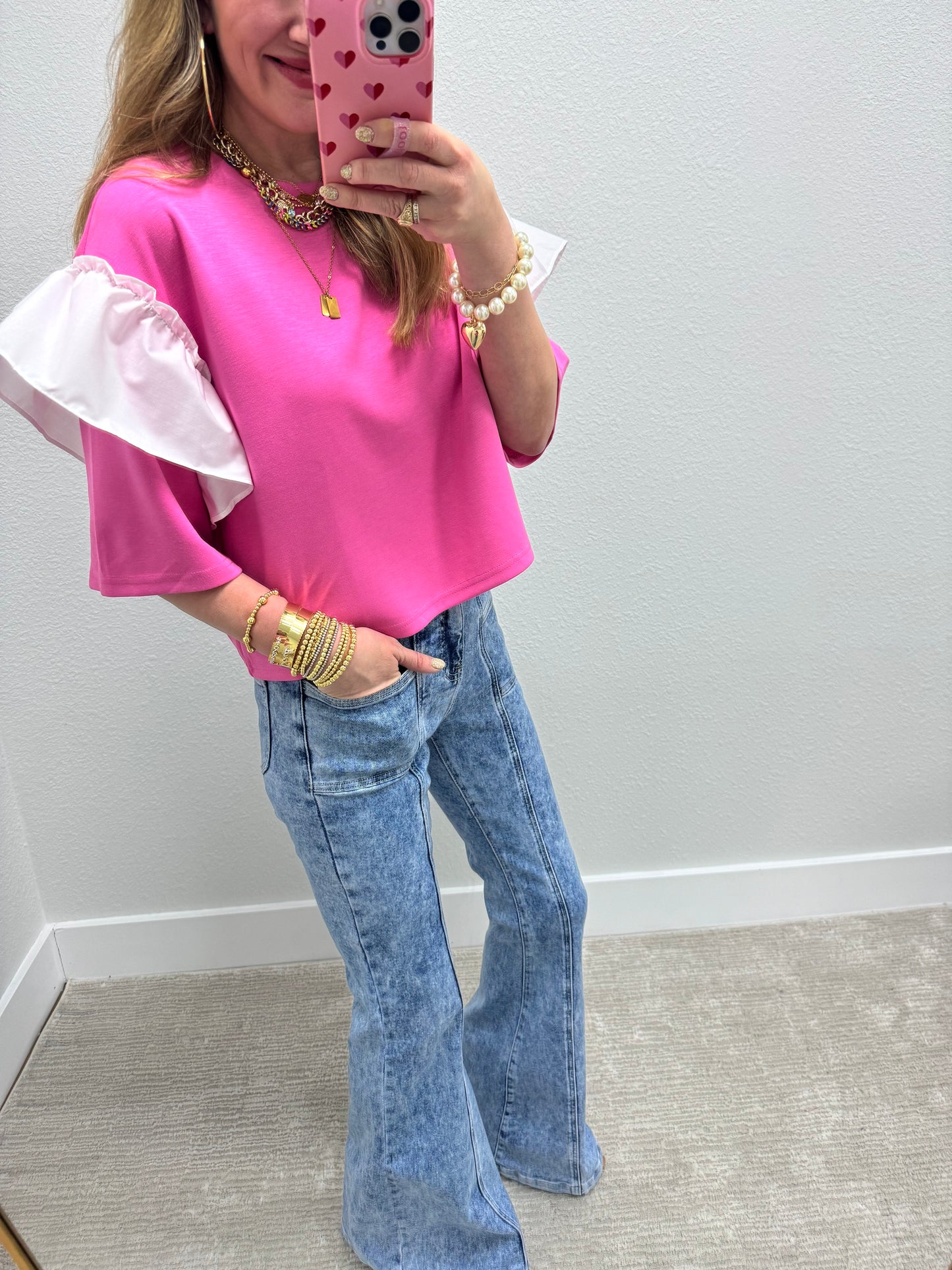 Pink Scuba Top With White Ruffle Arms