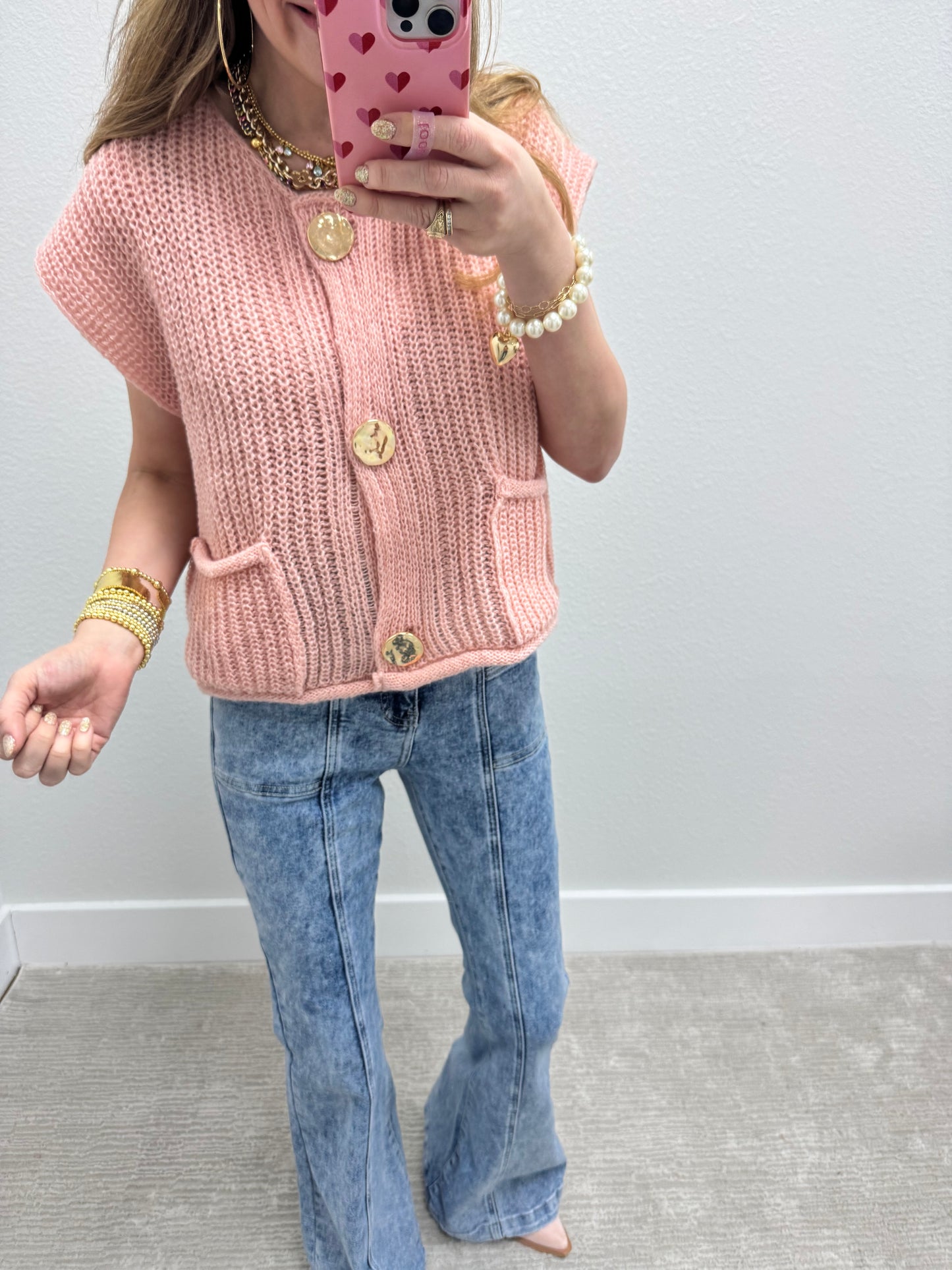 Light Pink Knitted Sweater Tank with Gold Buttons