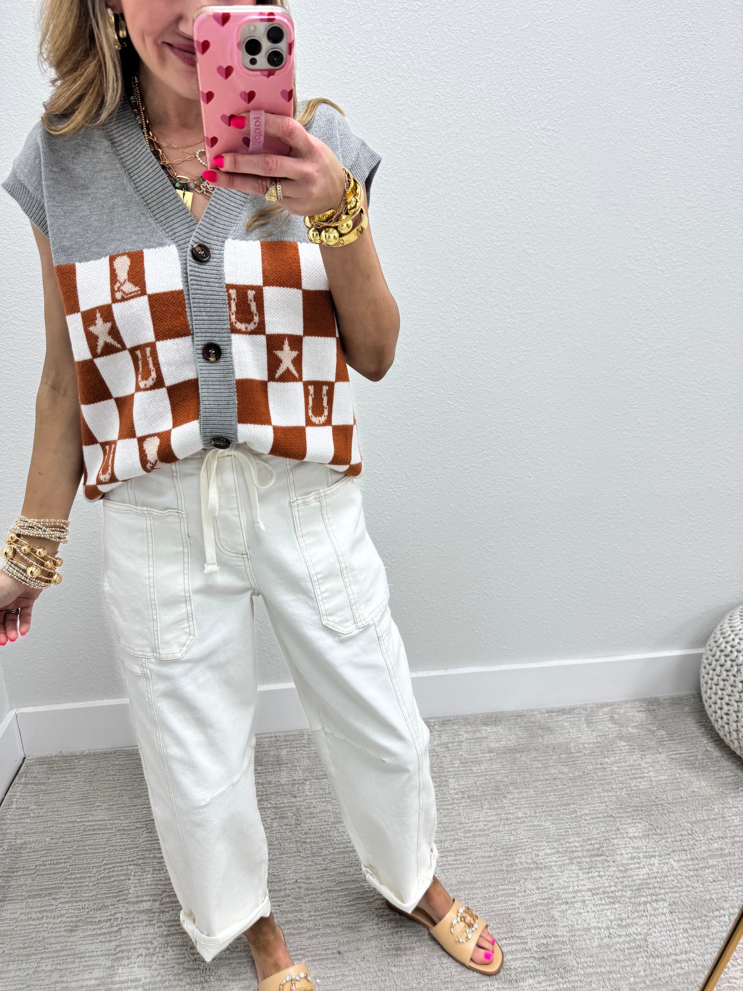 Brown and Grey Western Print Sweater Vest Top