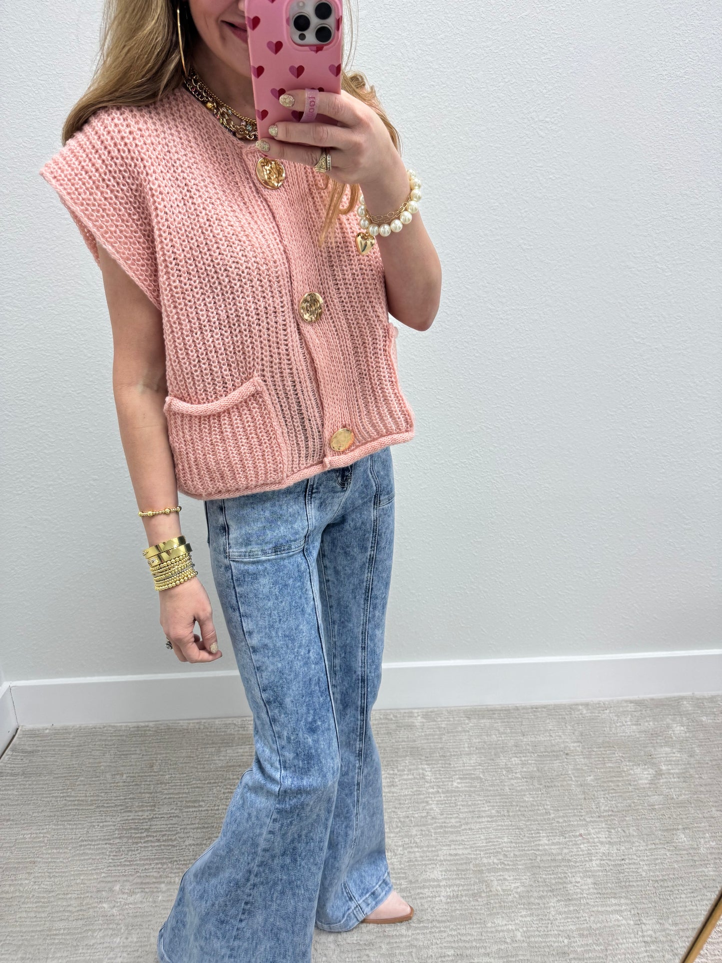 Light Pink Knitted Sweater Tank with Gold Buttons