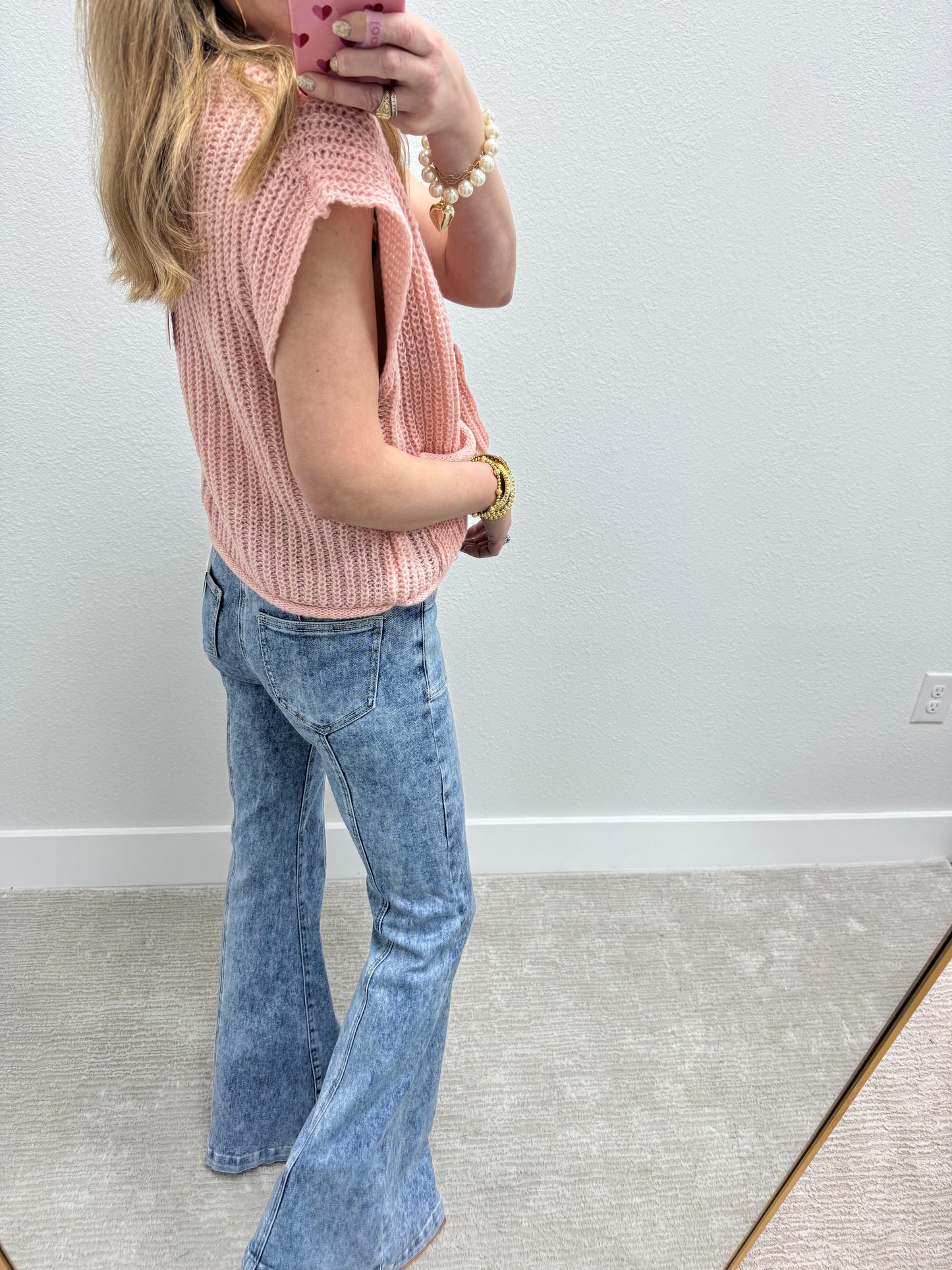 Light Pink Knitted Sweater Tank with Gold Buttons