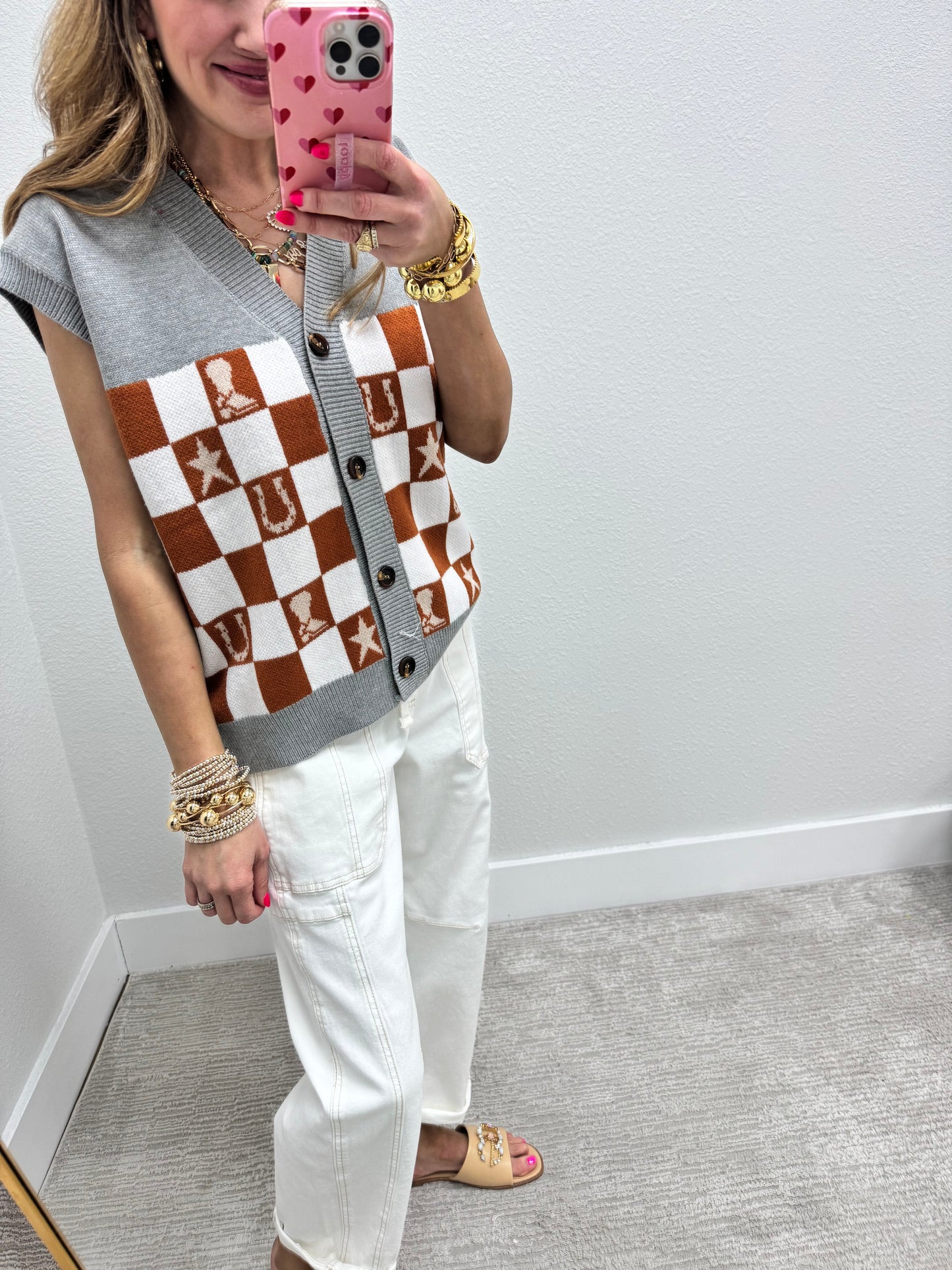 Brown and Grey Western Print Sweater Vest Top