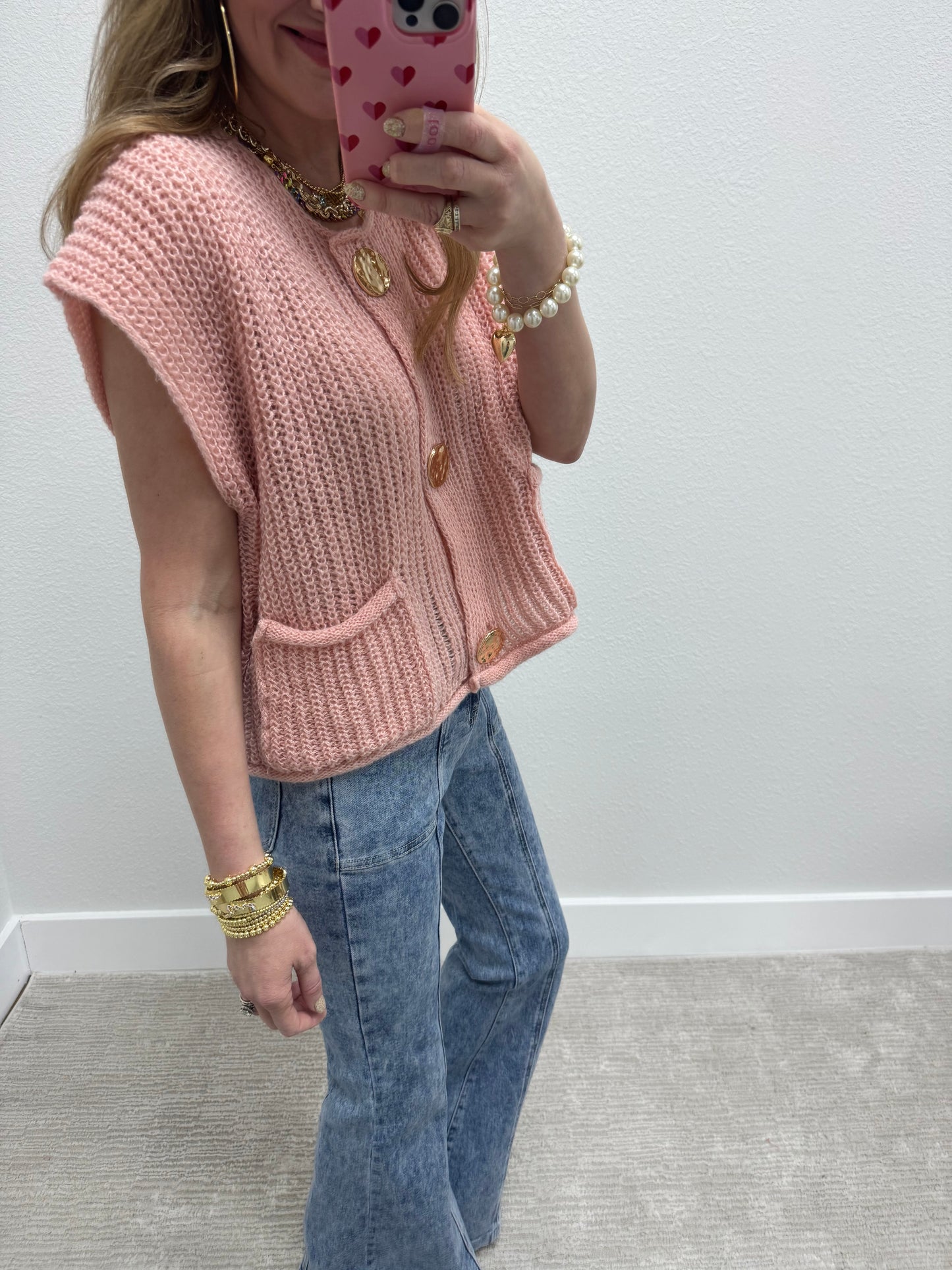 Light Pink Knitted Sweater Tank with Gold Buttons