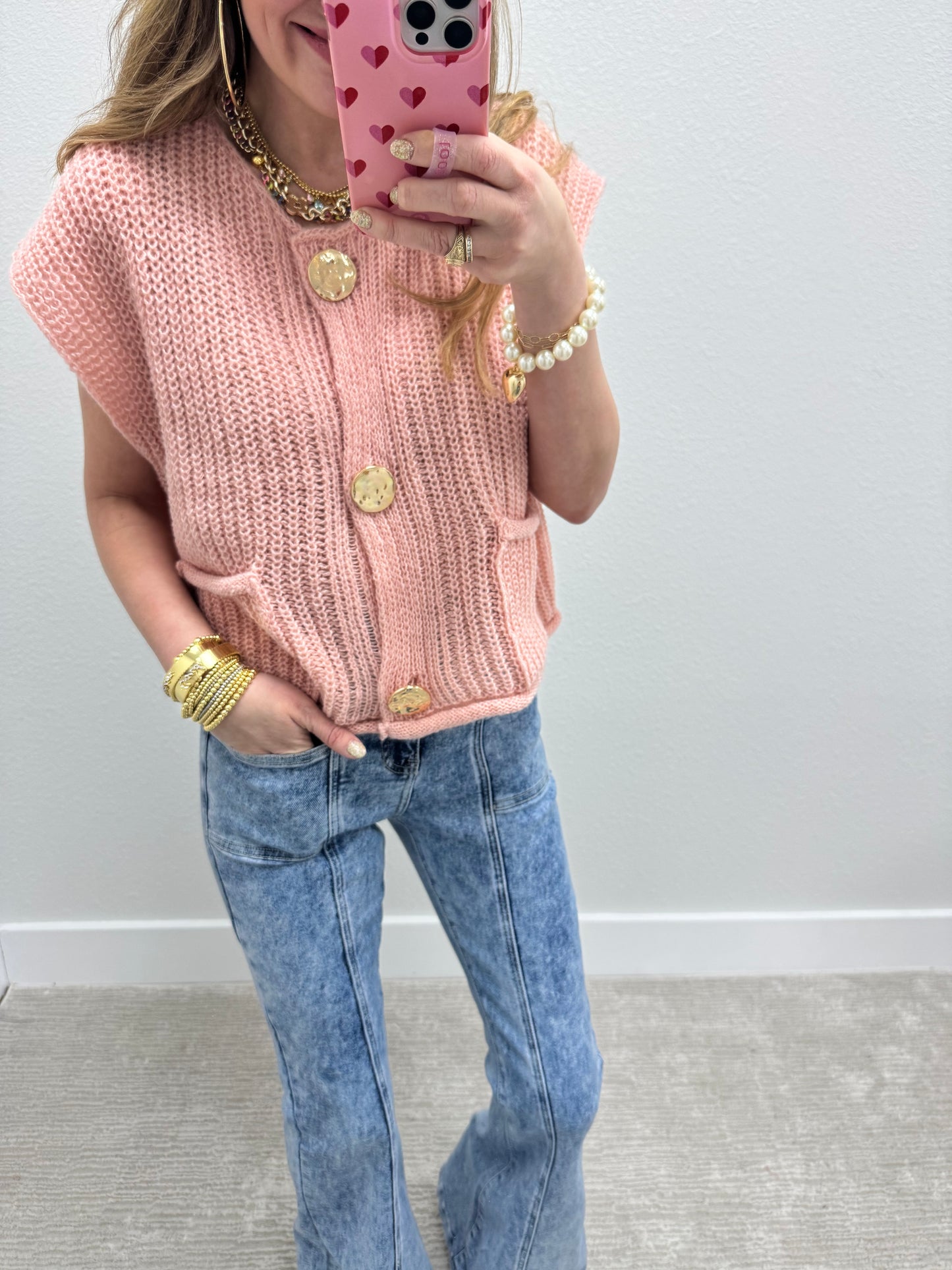 Light Pink Knitted Sweater Tank with Gold Buttons