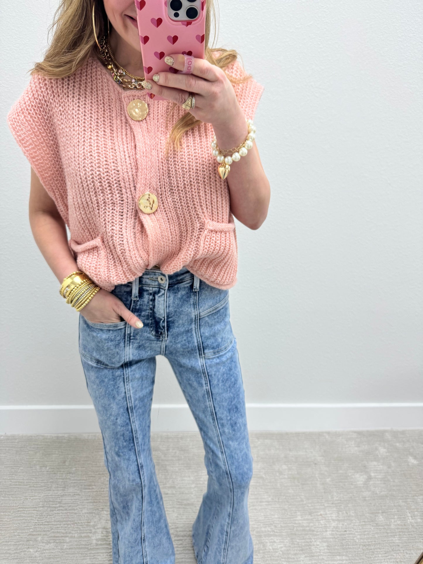 Light Pink Knitted Sweater Tank with Gold Buttons