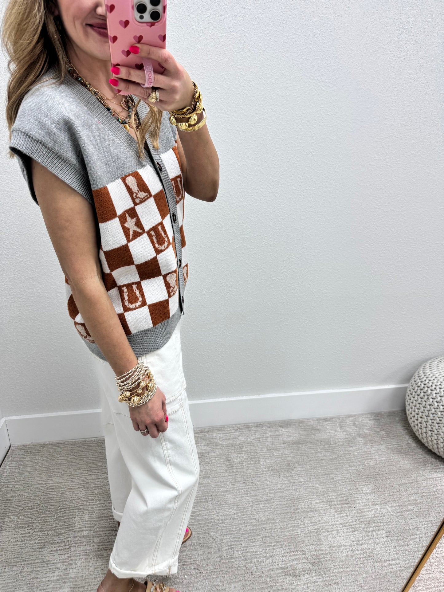 Brown and Grey Western Print Sweater Vest Top