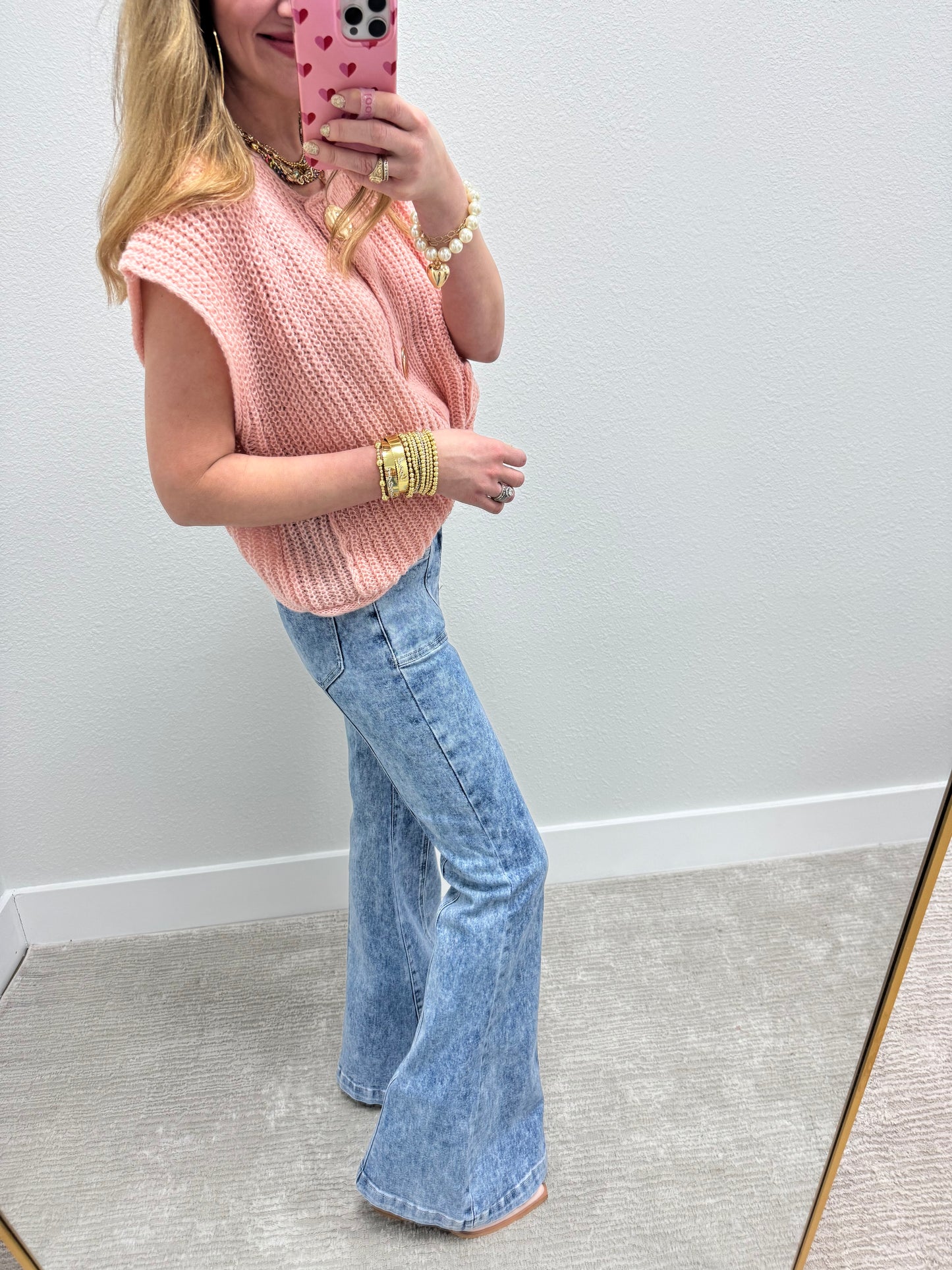 Light Pink Knitted Sweater Tank with Gold Buttons