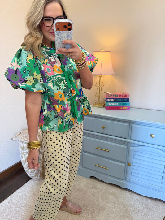 Green Floral Print Tie Front Top