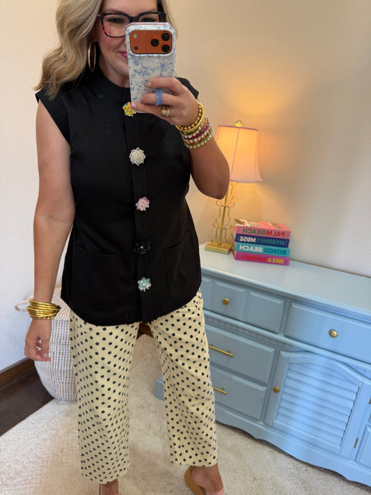 Black Waist Length Top with Embellished Snap Button