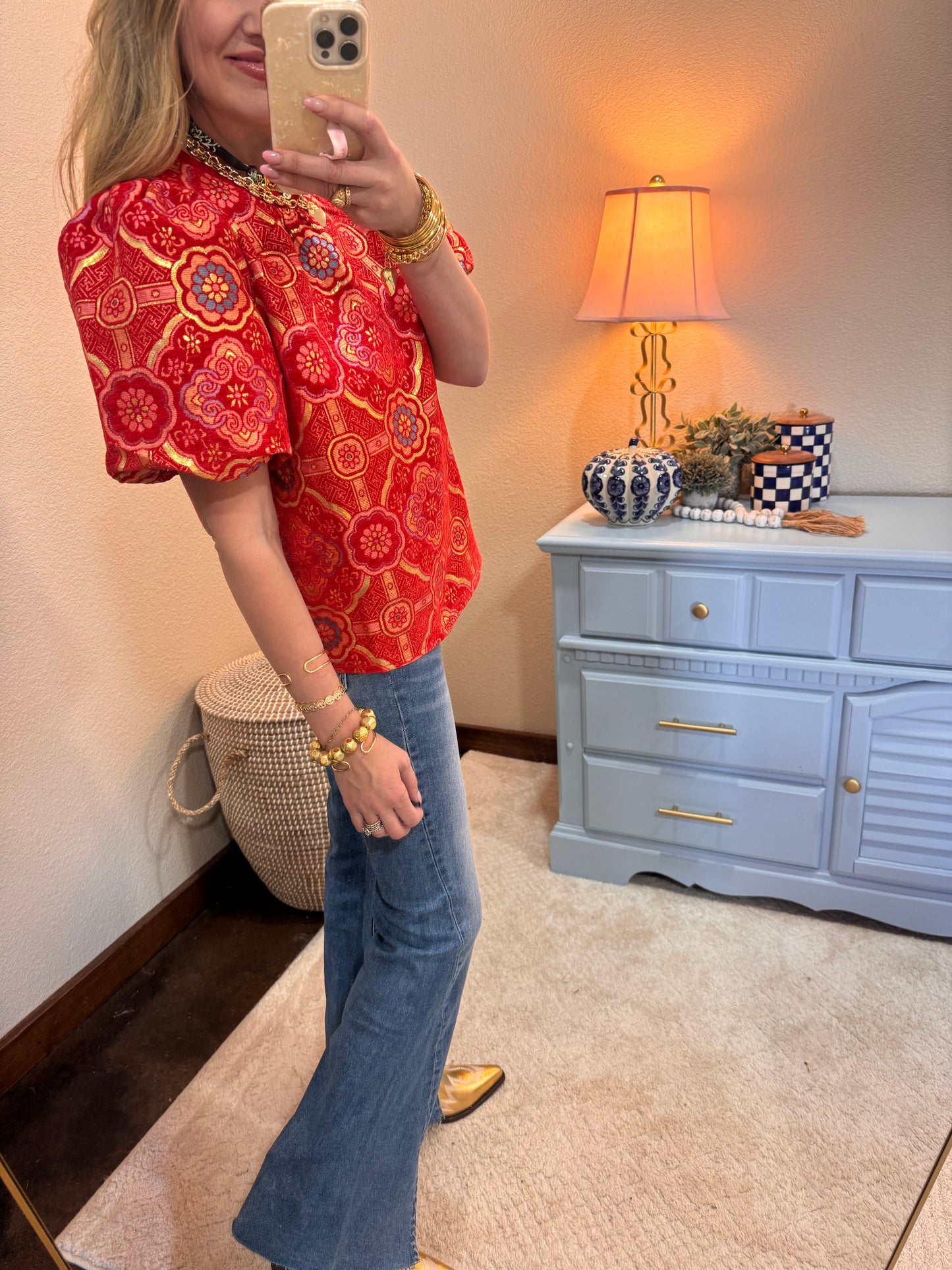 Red Puff Sleeve Mandala Jacquard Print Top