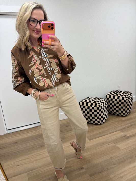 Brown Plaid Baroque Applique Detail Solid Top