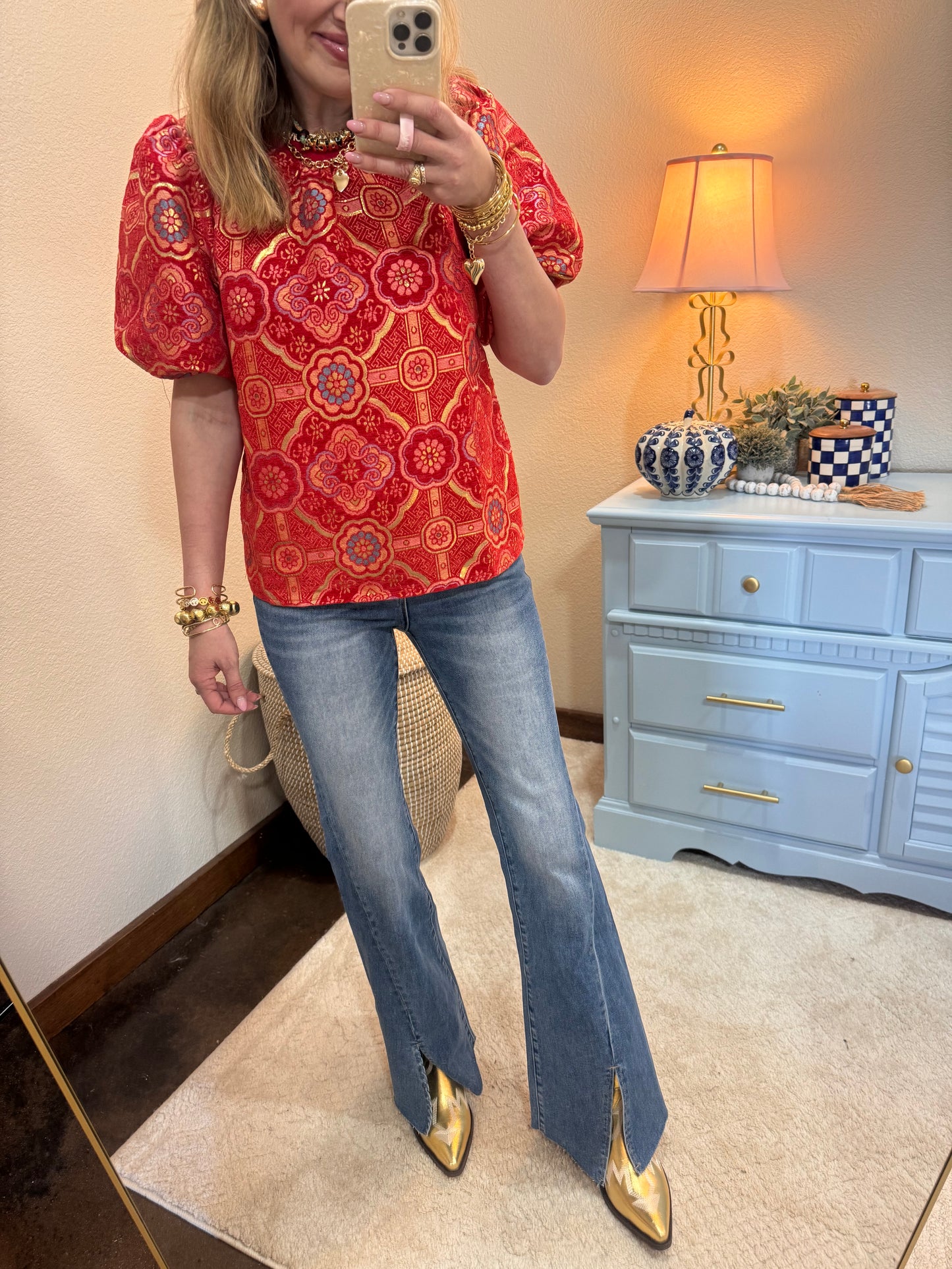 Red Puff Sleeve Mandala Jacquard Print Top