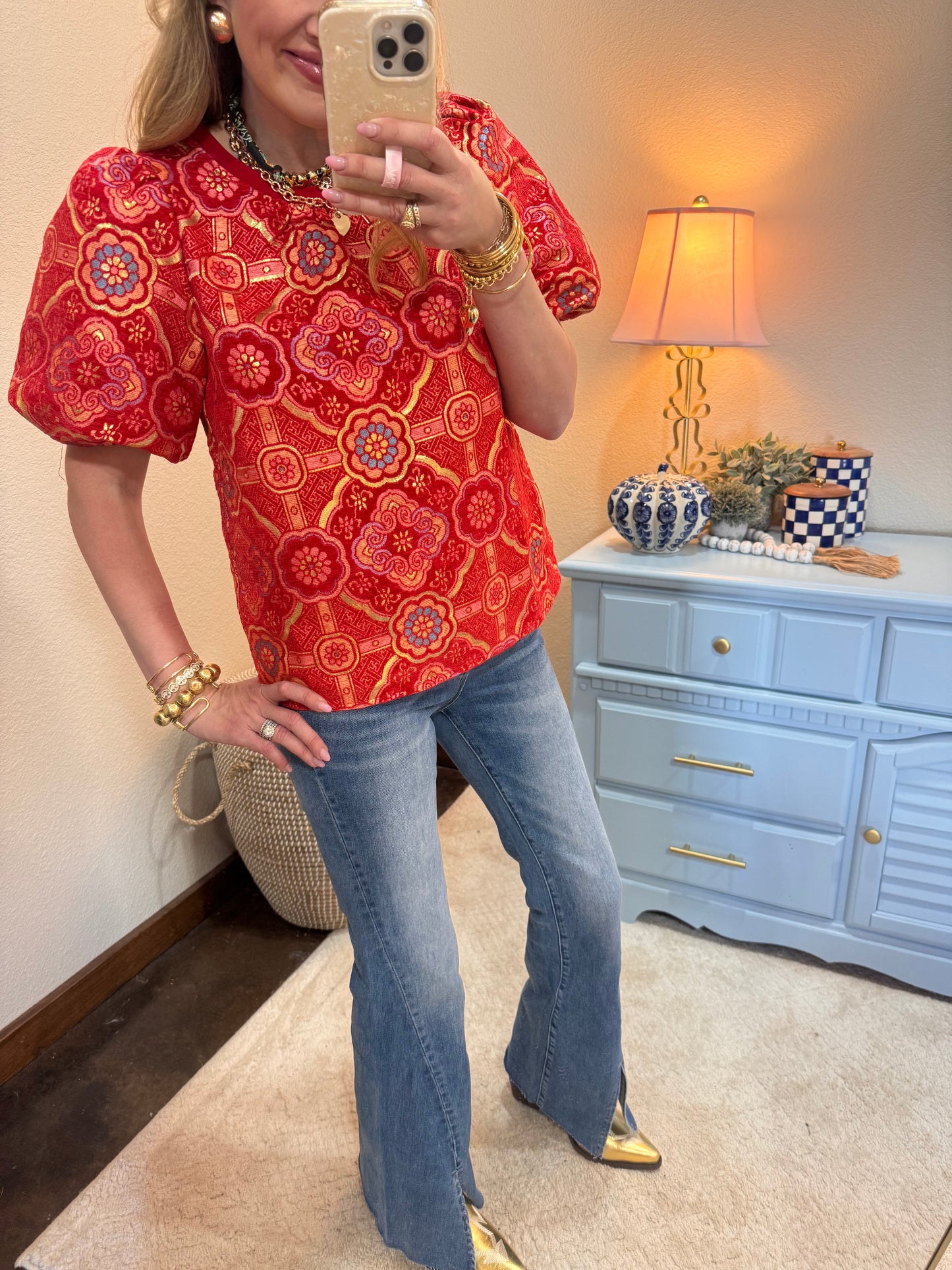 Red Puff Sleeve Mandala Jacquard Print Top