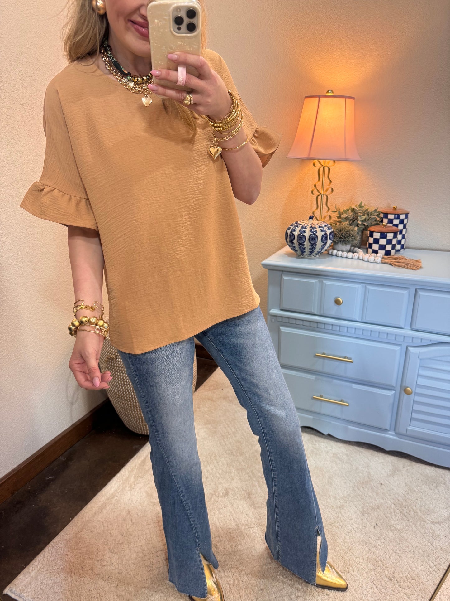 Dark Brush Round Neck Ruffle Sleeve Top