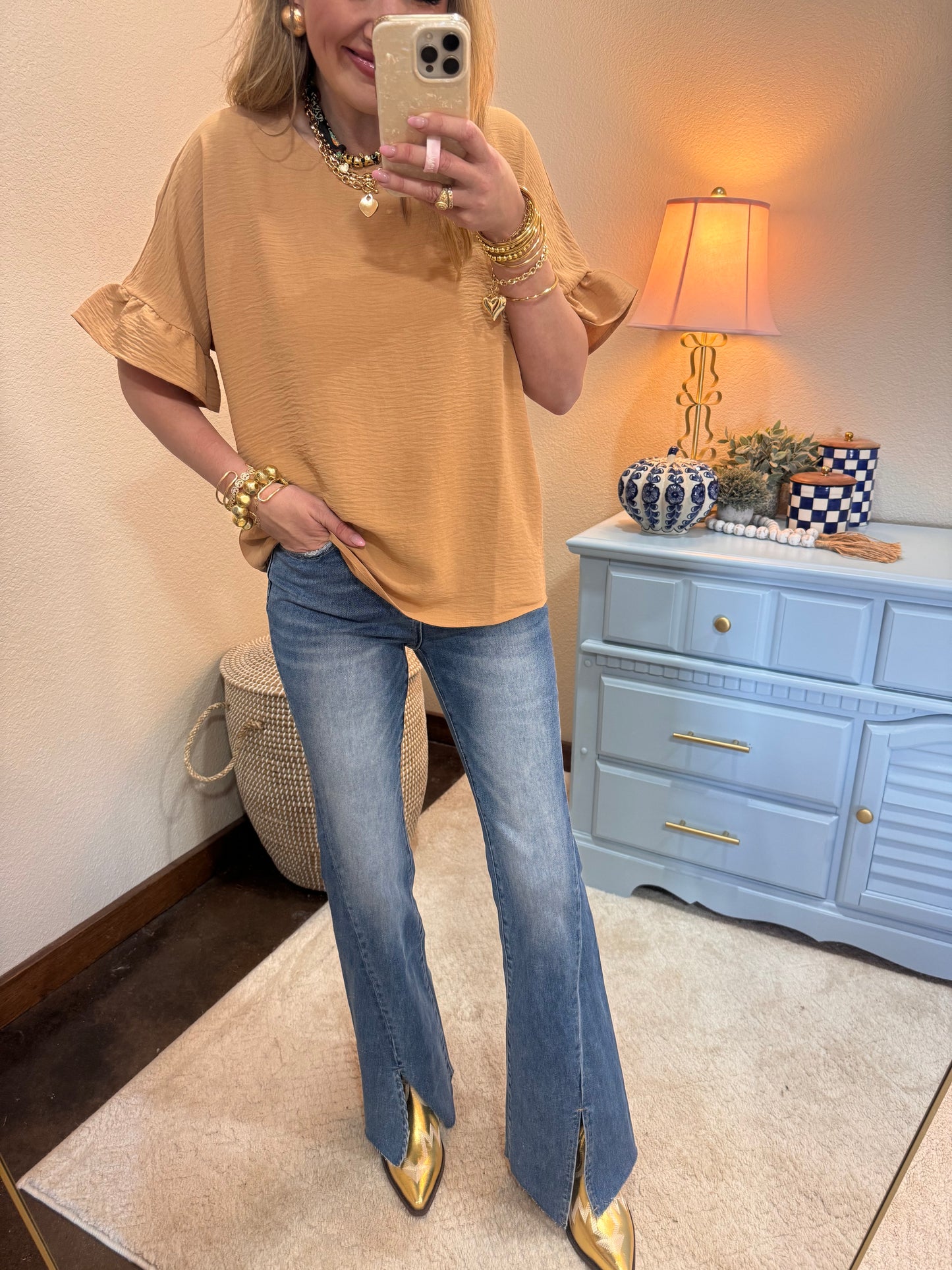 Dark Brush Round Neck Ruffle Sleeve Top