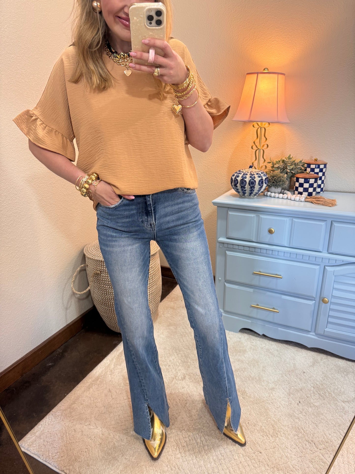 Dark Brush Round Neck Ruffle Sleeve Top