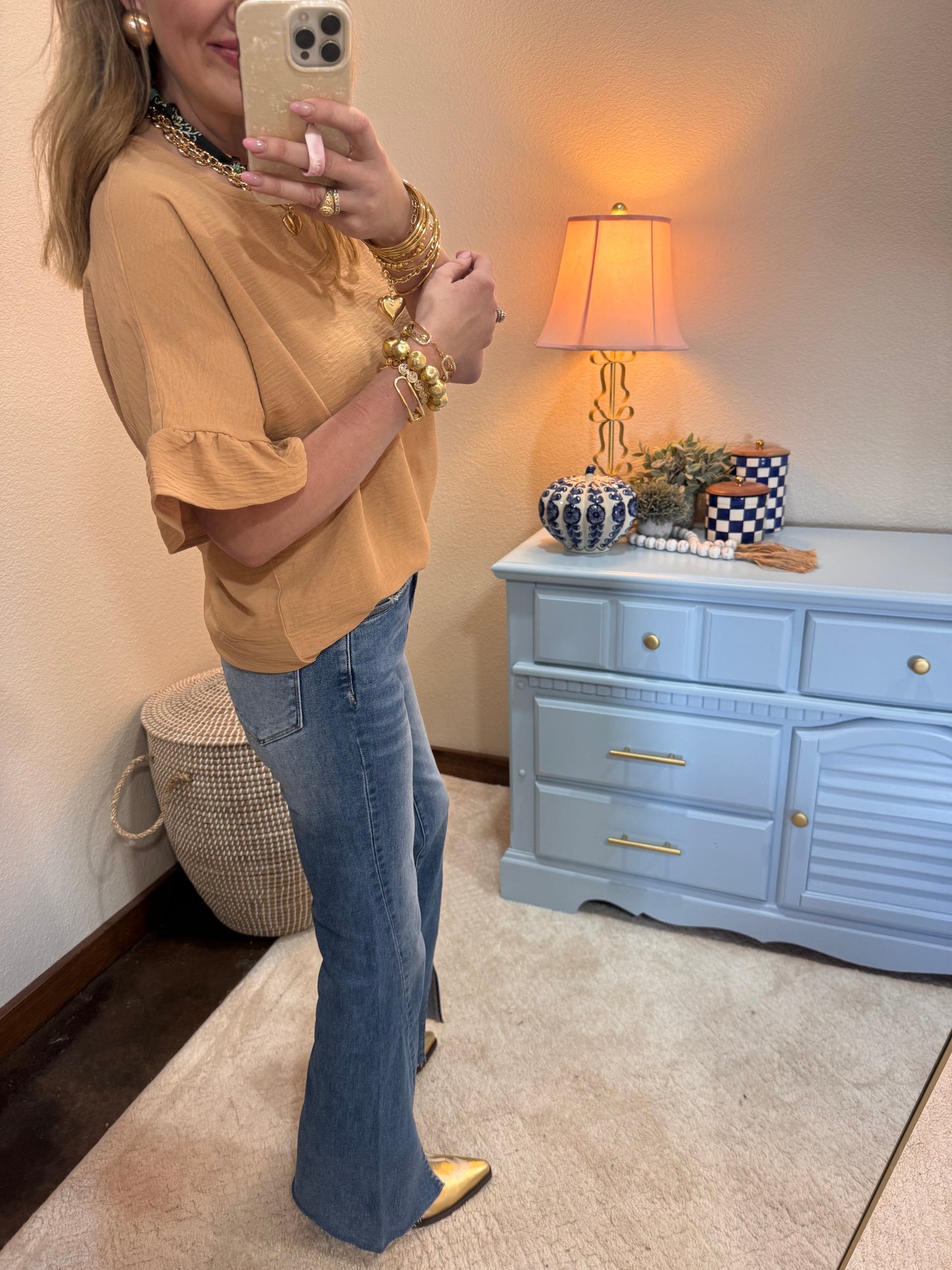 Dark Brush Round Neck Ruffle Sleeve Top