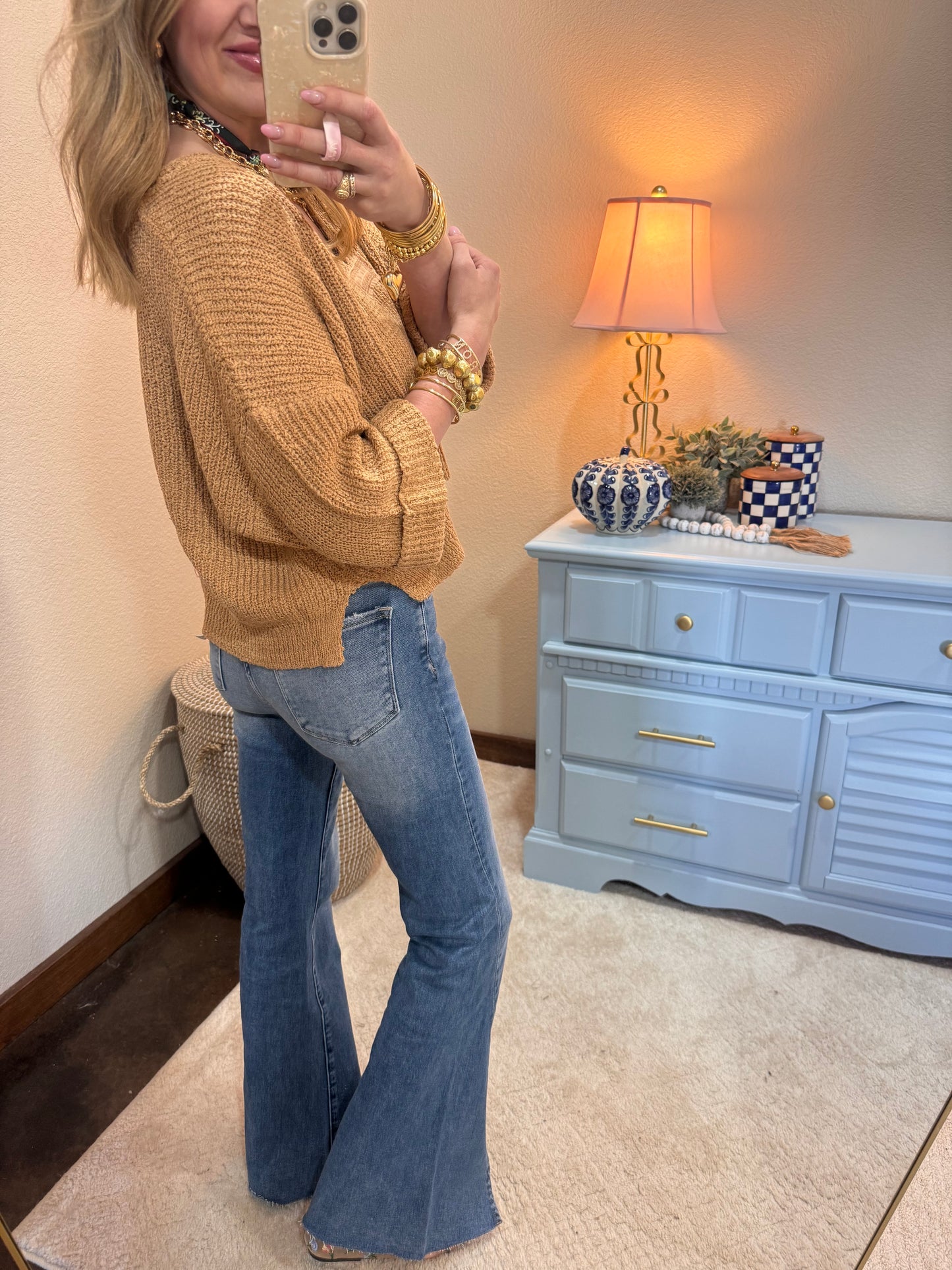Front Seam Split High Rise Ankle Flare Jeans