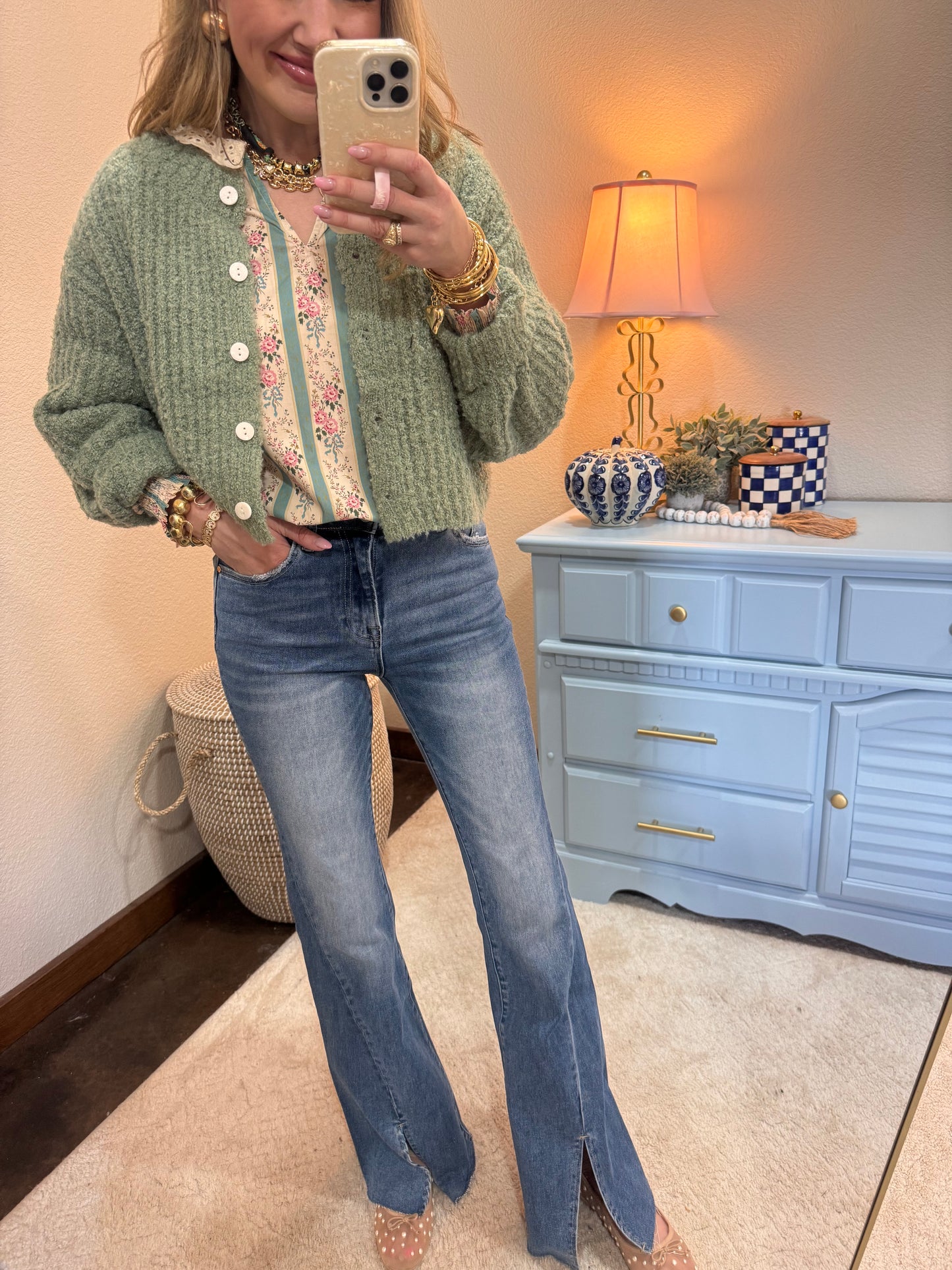 Sage Fluffy Knit Button-up Cardigan Sweater
