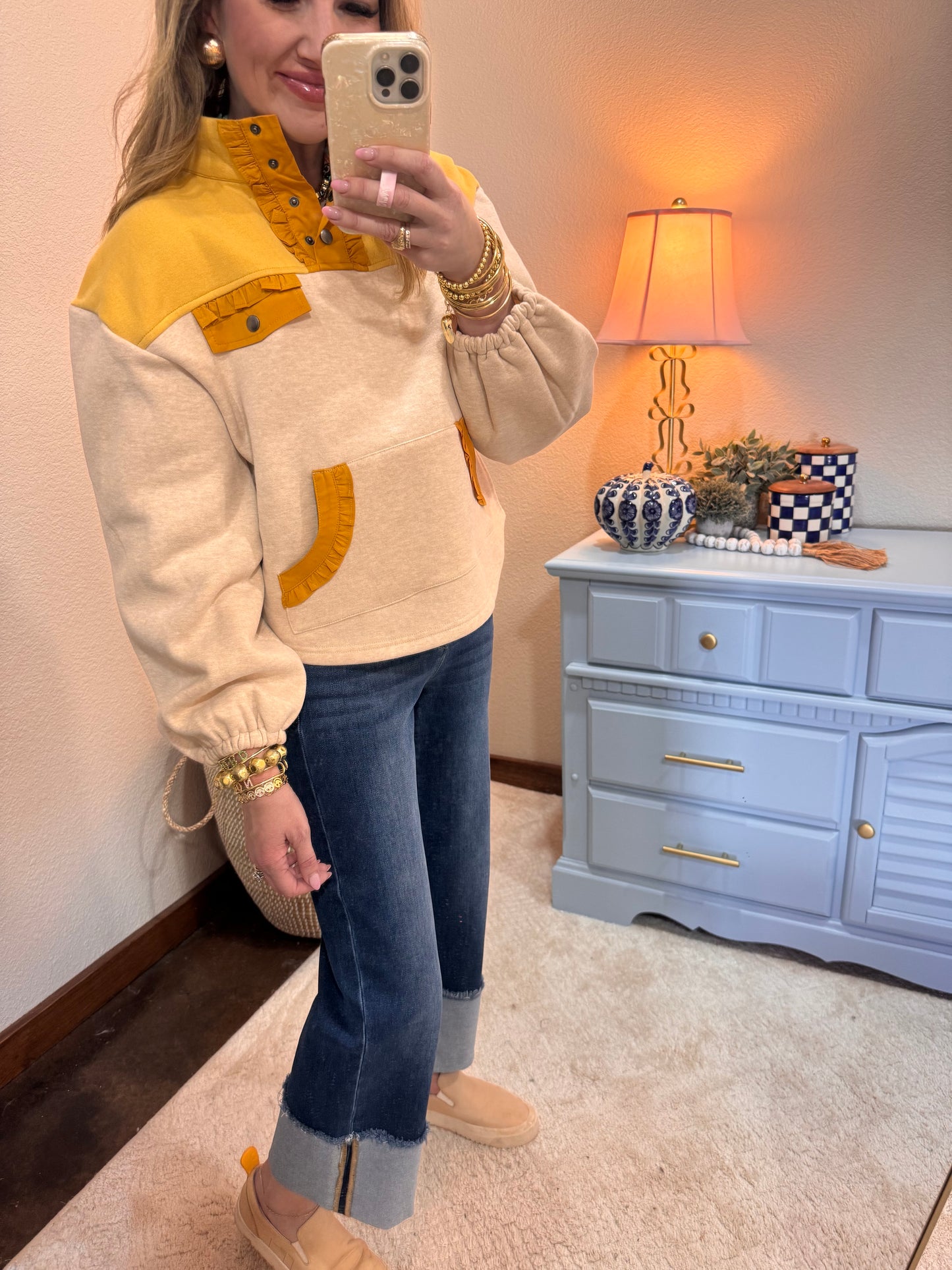 Oatmeal & Mustard Color Block Quarter Snap Button Sweatshirt
