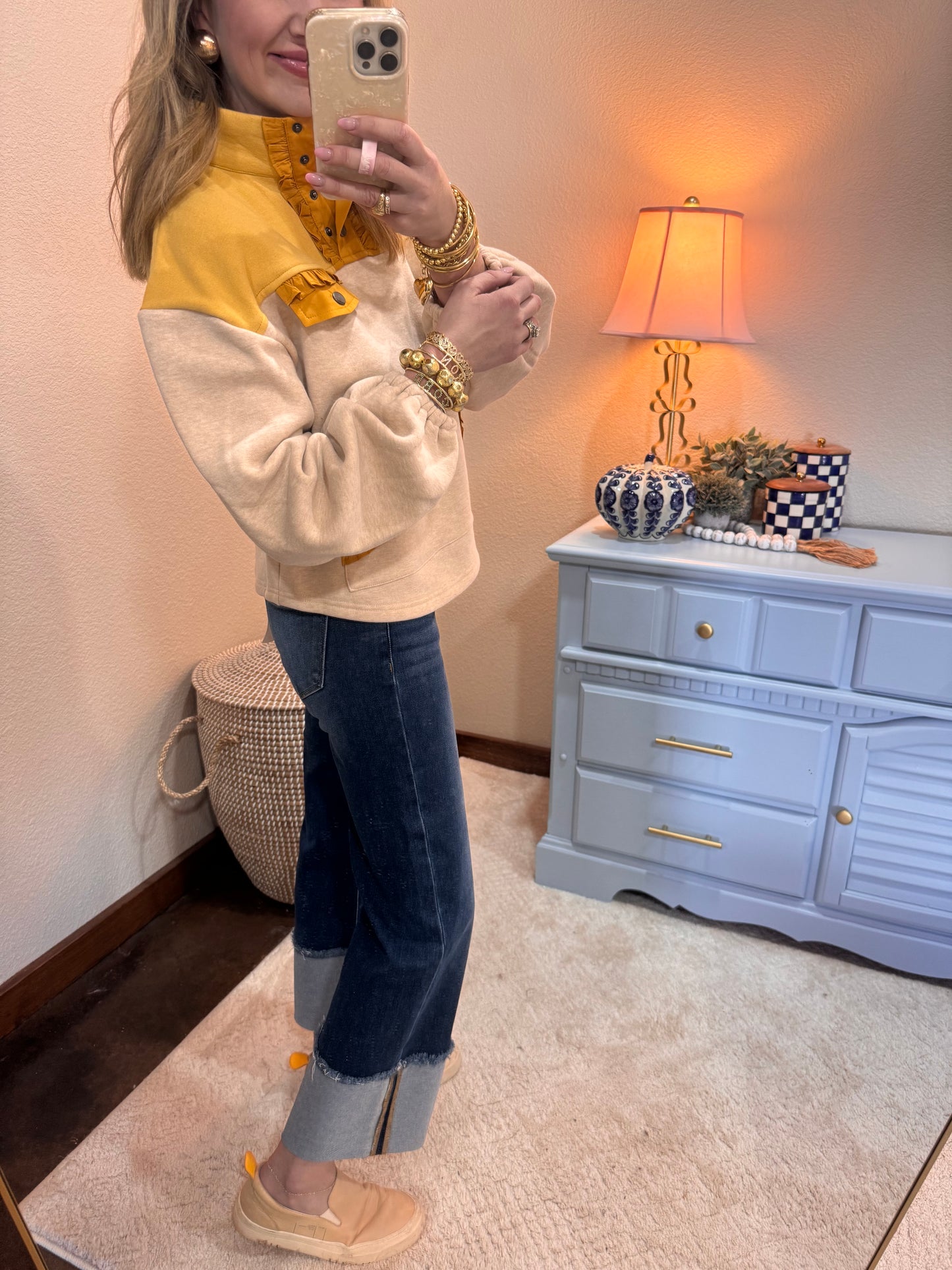 Oatmeal & Mustard Color Block Quarter Snap Button Sweatshirt