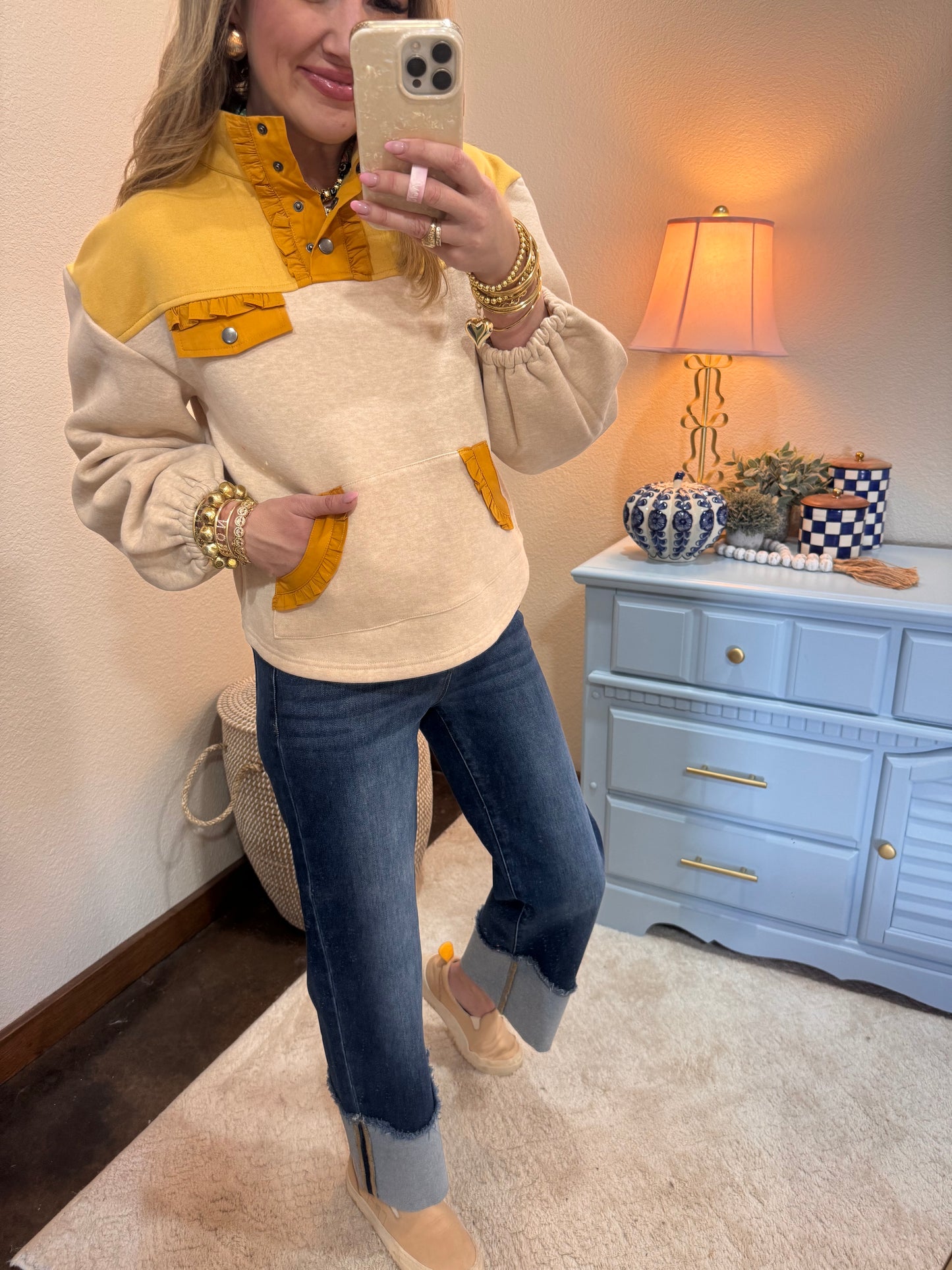Oatmeal & Mustard Color Block Quarter Snap Button Sweatshirt