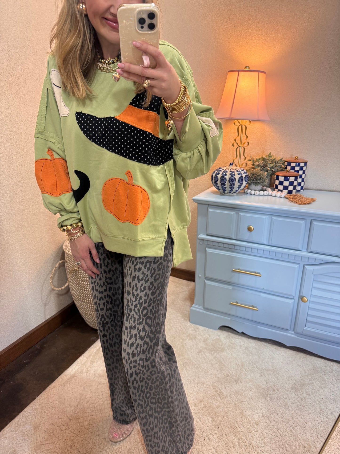 Light Olive Halloween Theme Patchwork French Terry Pullover