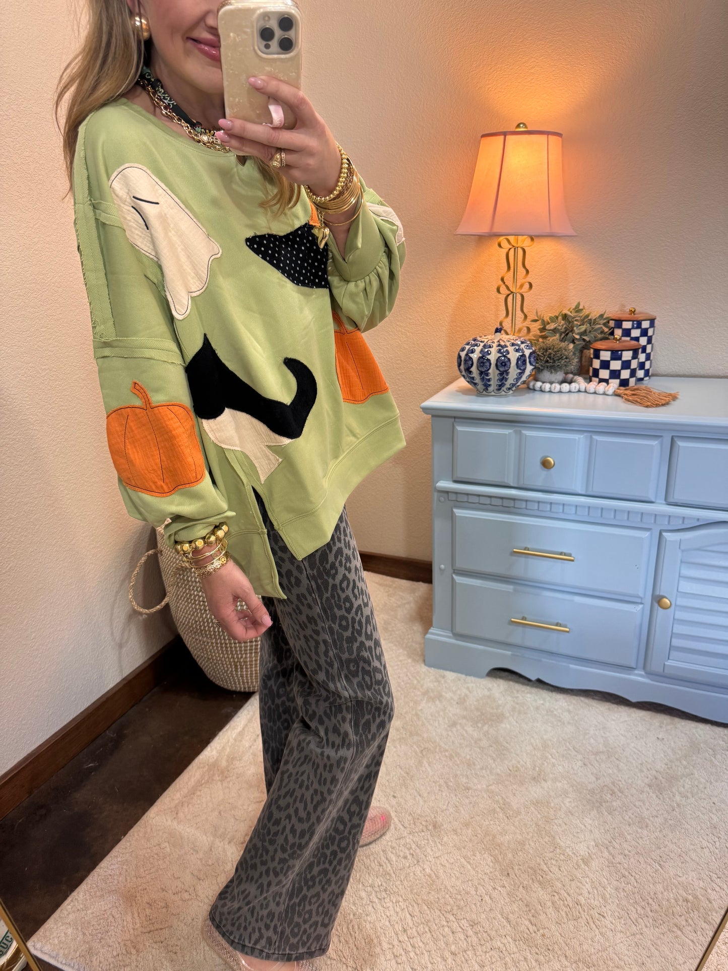 Light Olive Halloween Theme Patchwork French Terry Pullover