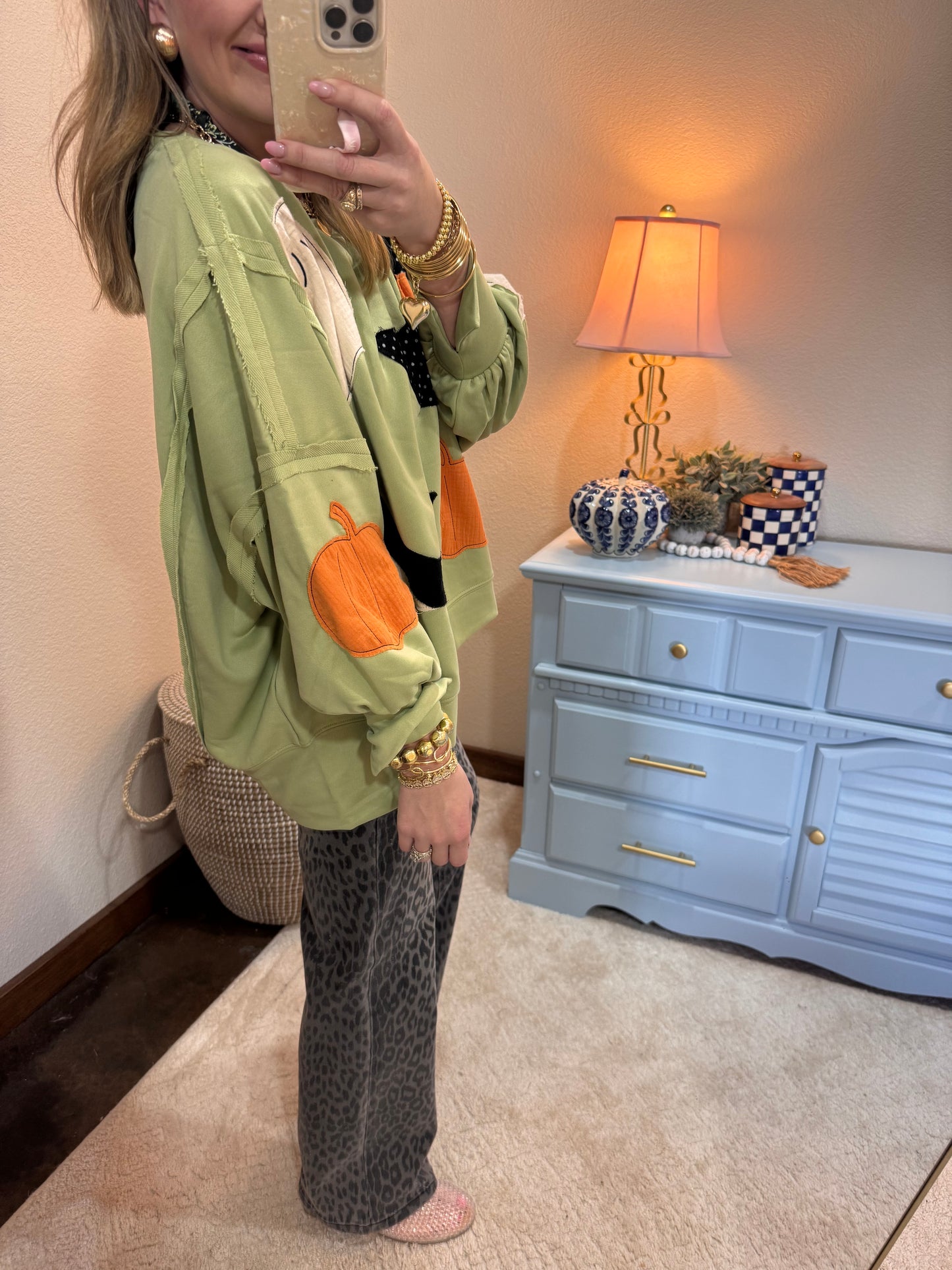Light Olive Halloween Theme Patchwork French Terry Pullover