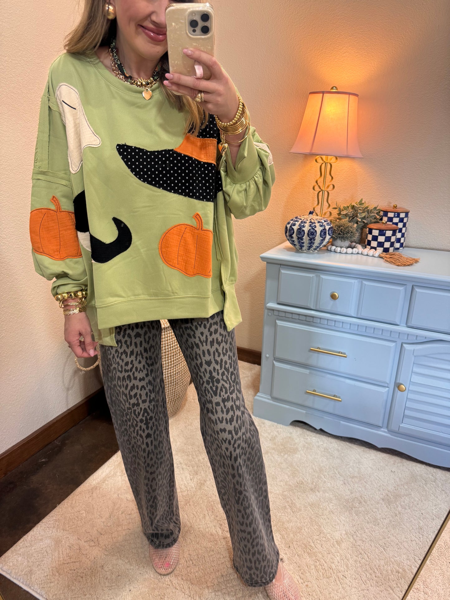 Light Olive Halloween Theme Patchwork French Terry Pullover