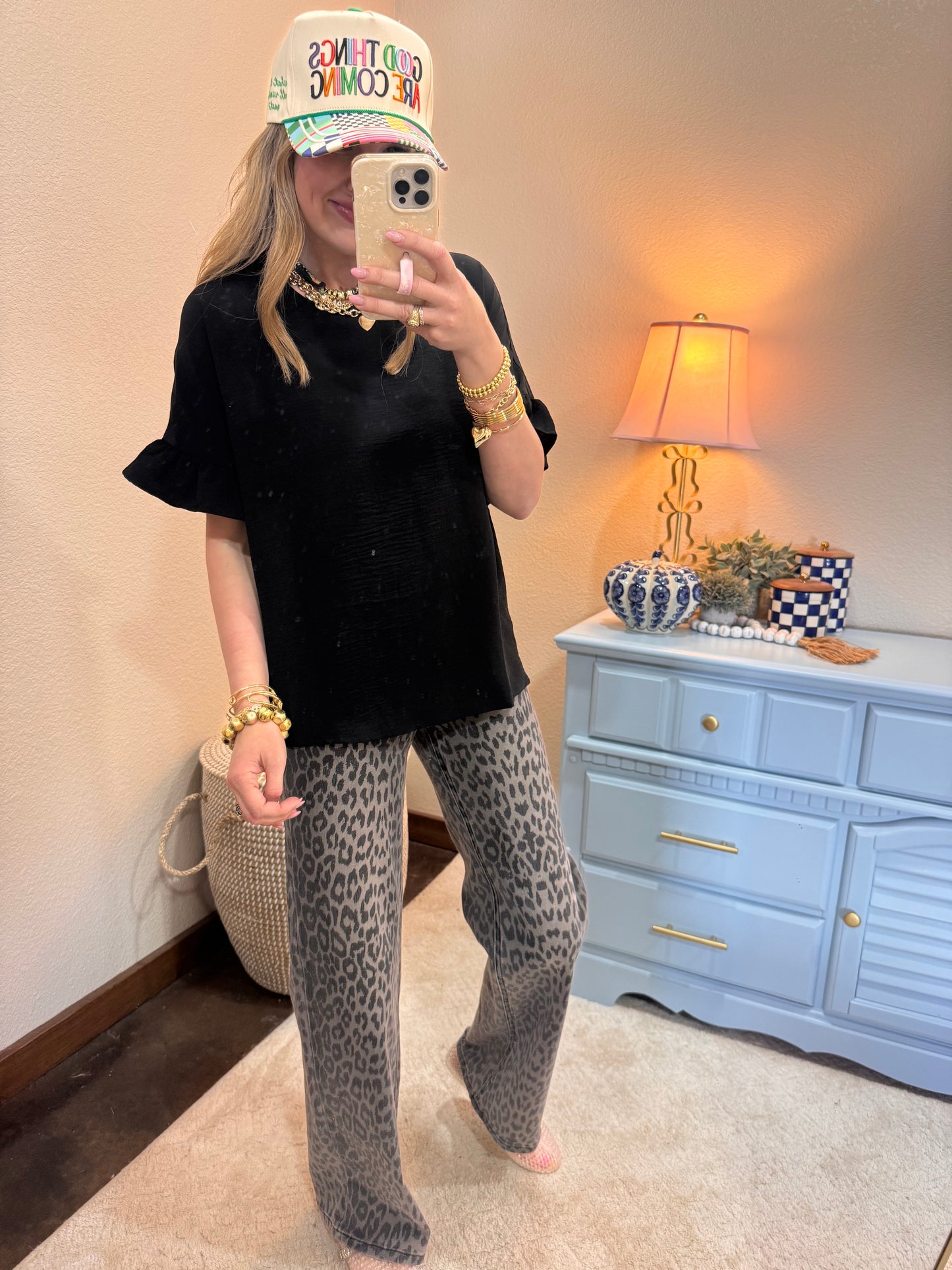 Black Round Neck Ruffle Sleeve Top