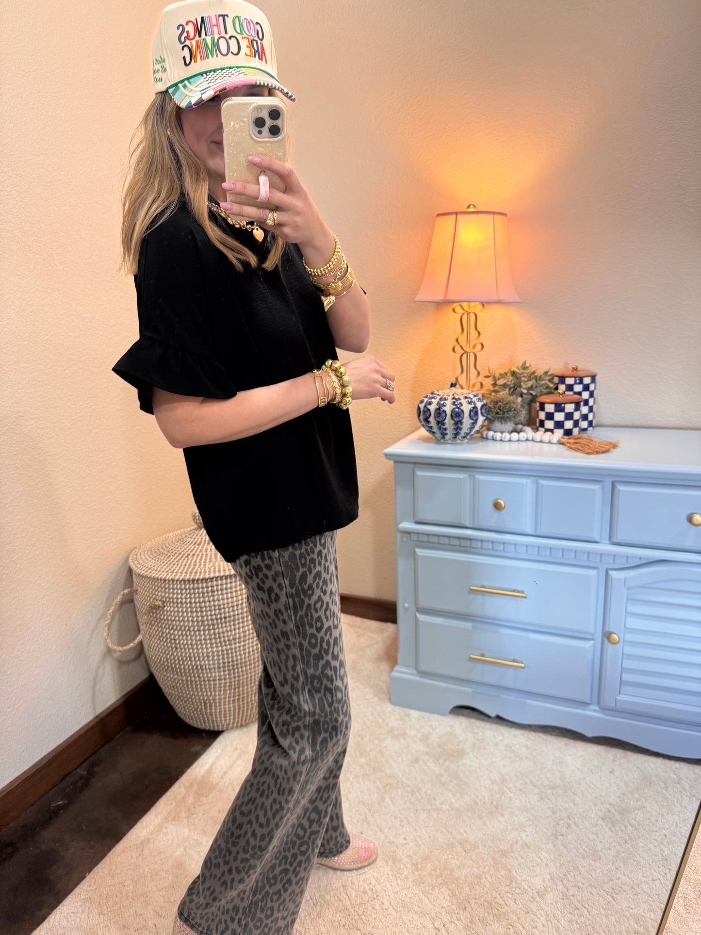 Black Round Neck Ruffle Sleeve Top