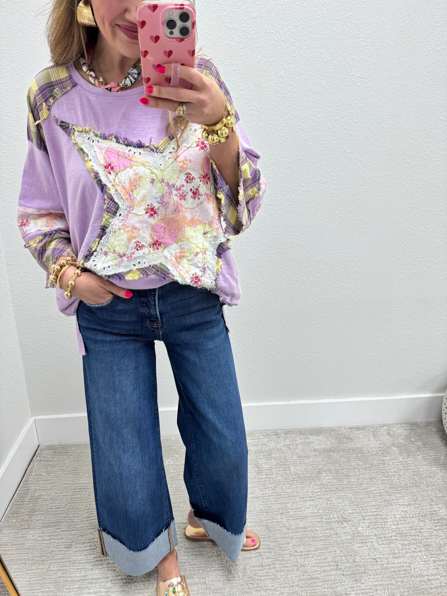 Lavender Star Detail Oversized 3/4 Sleeve Top FS