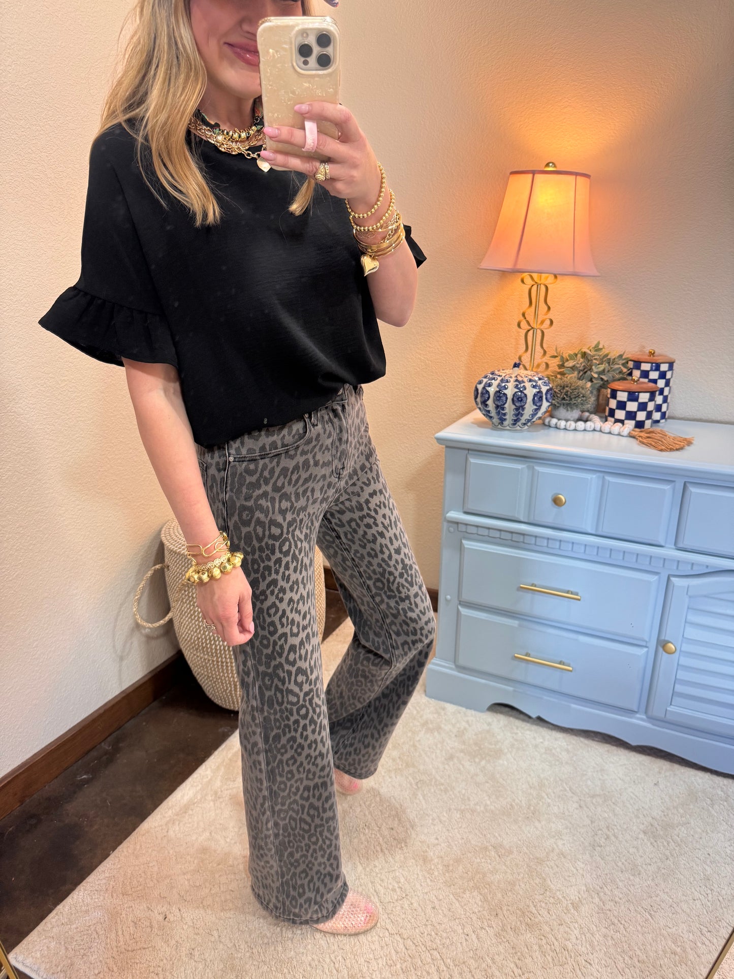 Black Round Neck Ruffle Sleeve Top