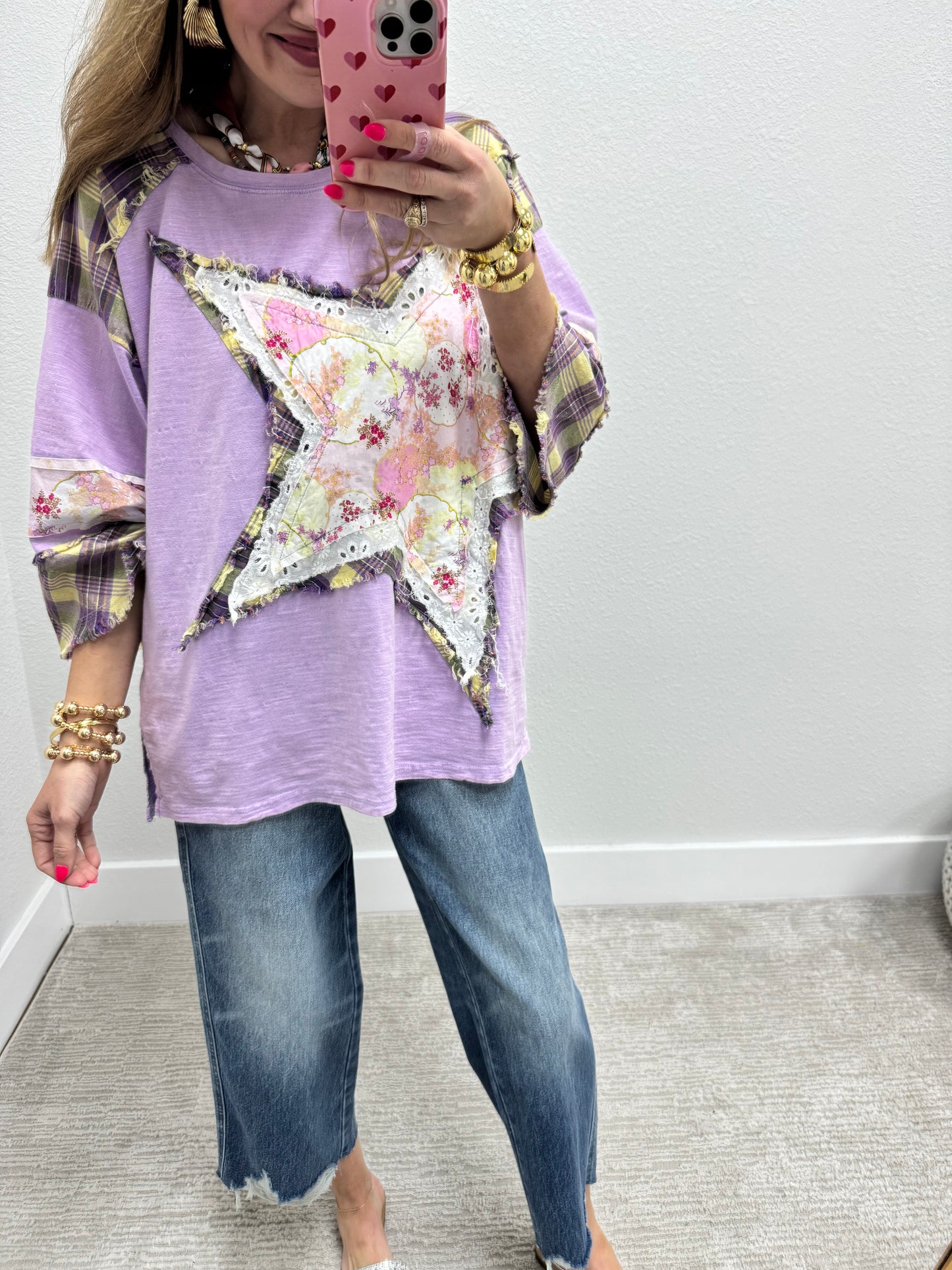 Lavender Star Detail Oversized 3/4 Sleeve Top FS