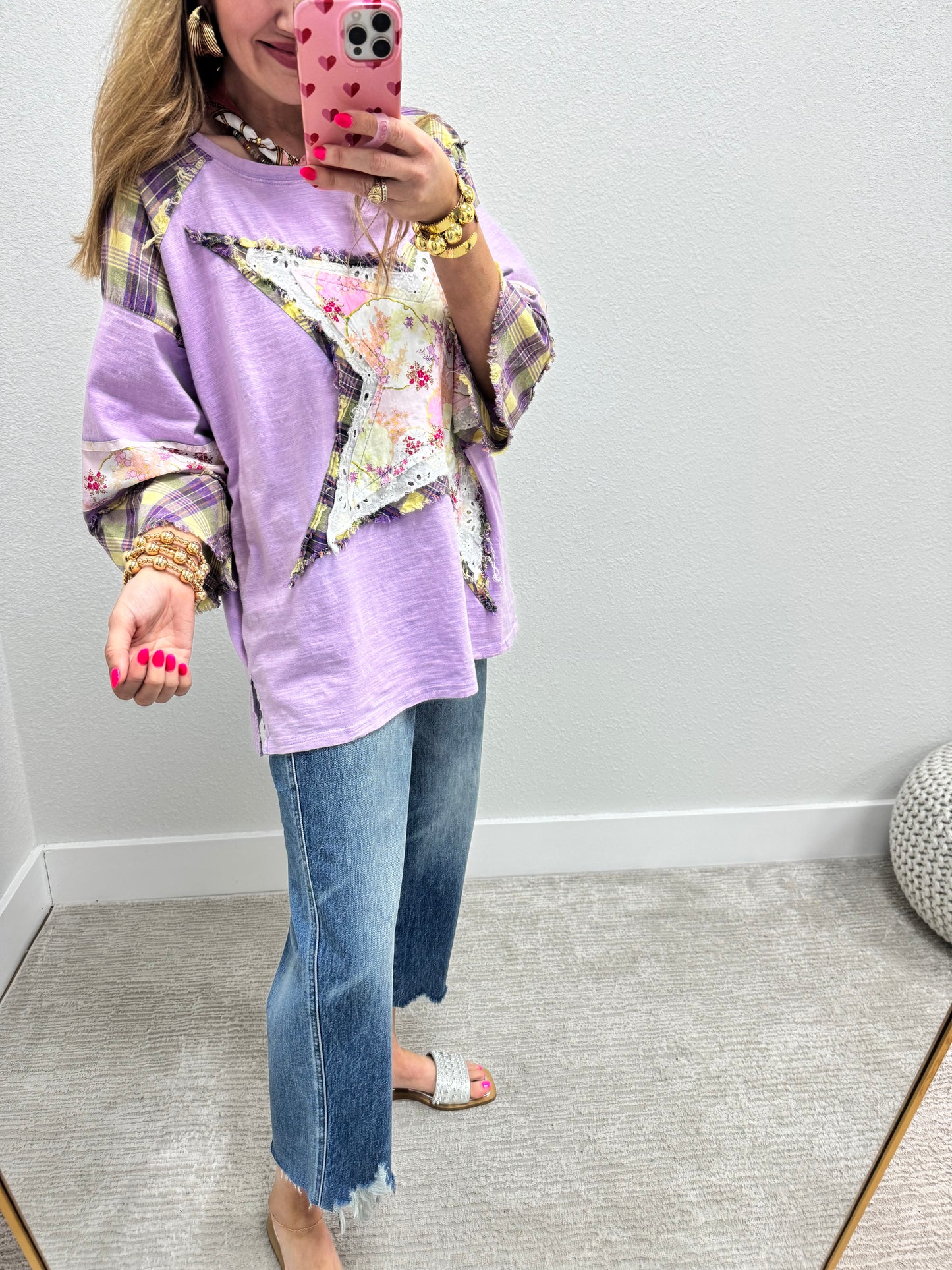 Lavender Star Detail Oversized 3/4 Sleeve Top FS