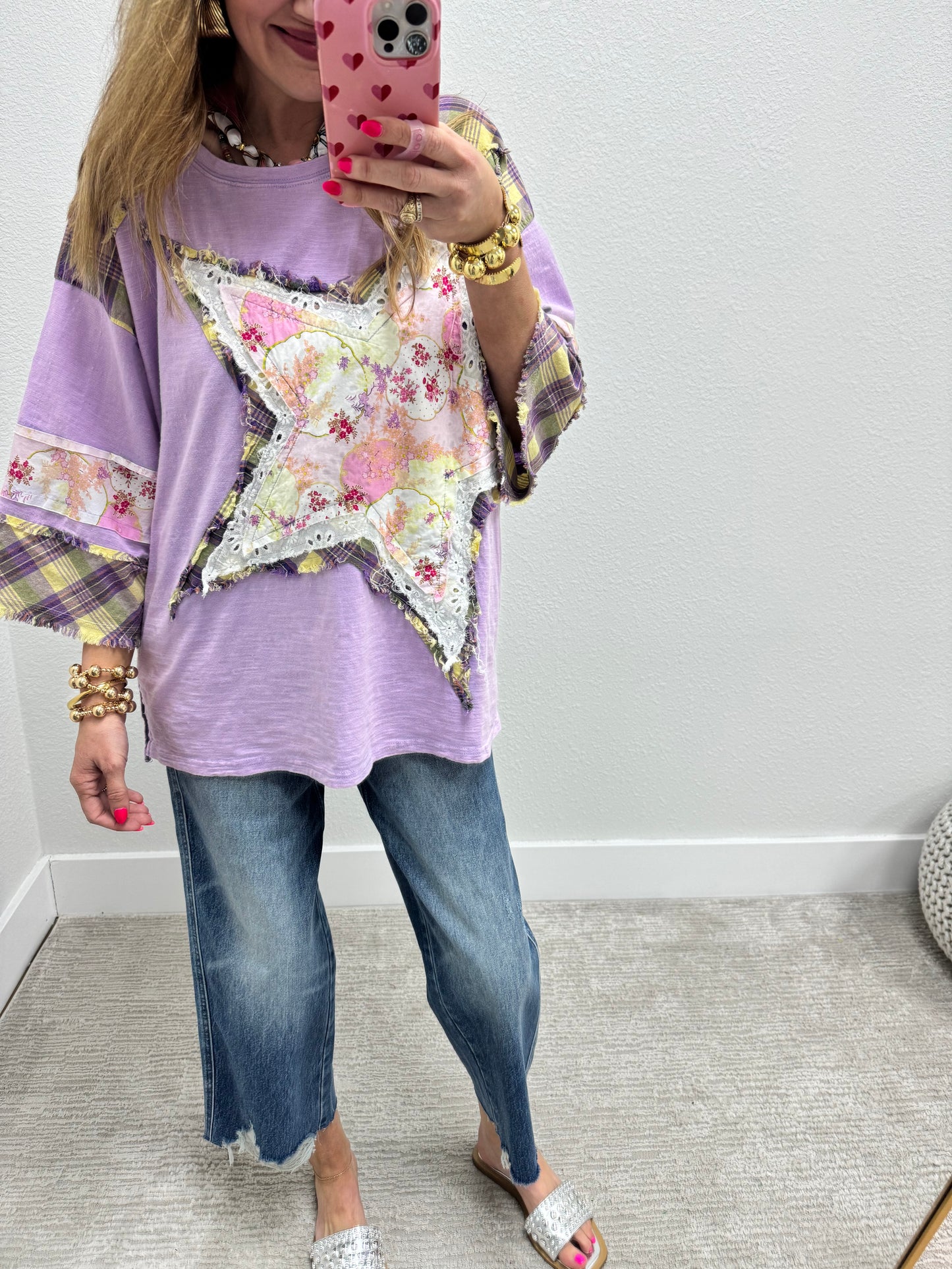 Lavender Star Detail Oversized 3/4 Sleeve Top FS