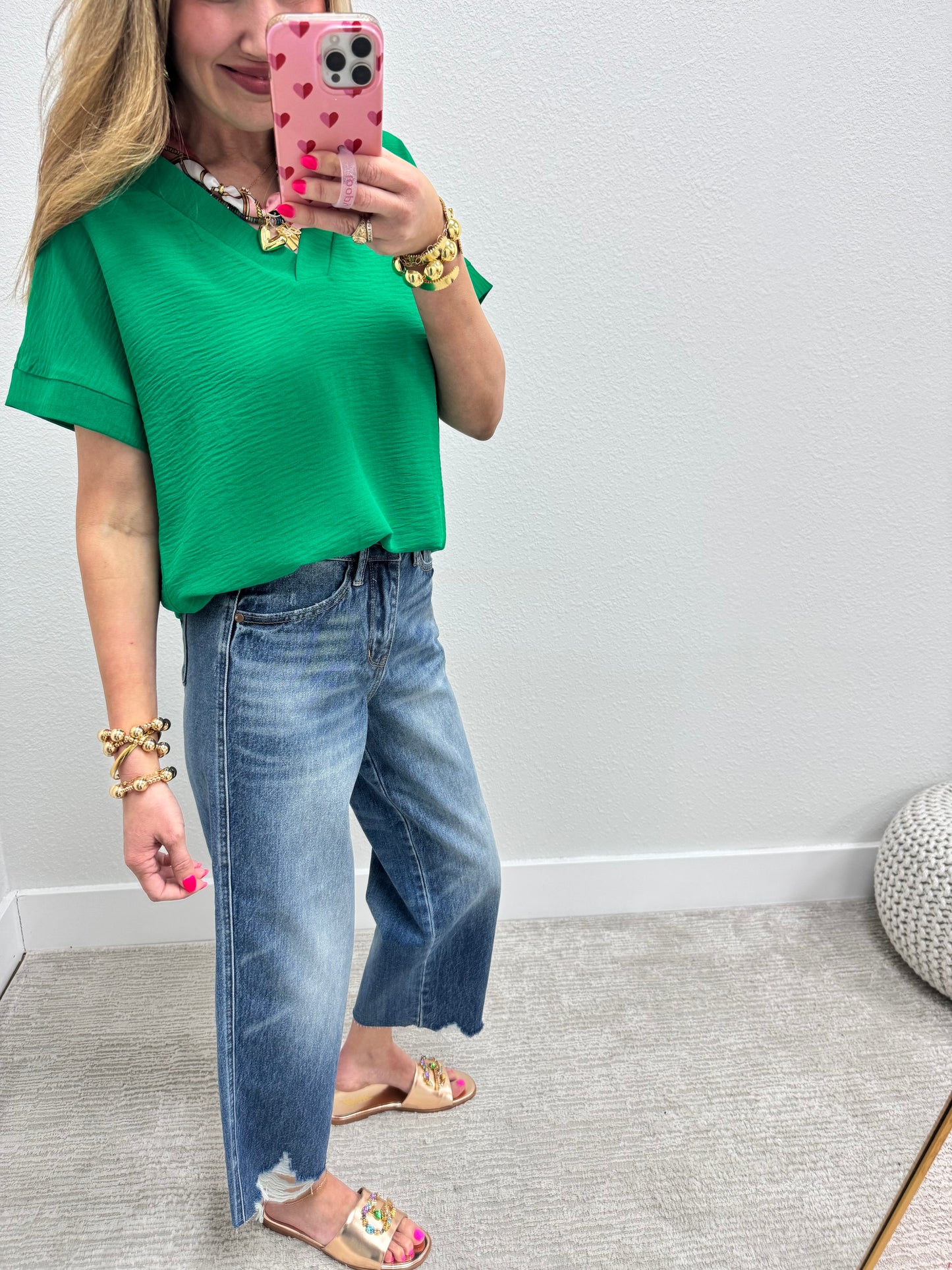 Green Poly Woven V-neck Short sleeve
