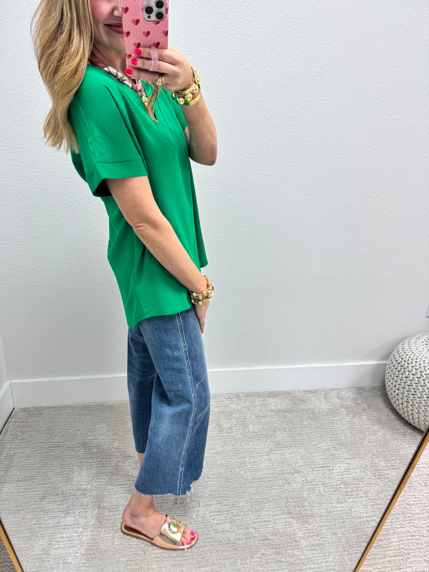 Green Poly Woven V-neck Short sleeve
