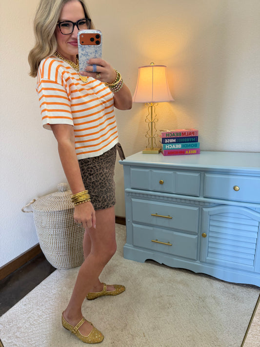 Orange Round Neck Striped Top
