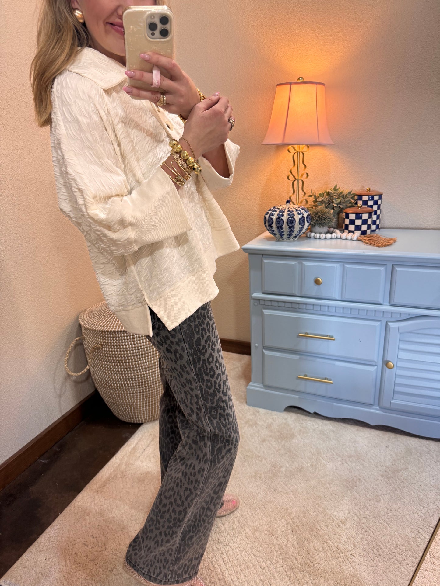 Ivory Quilted 3/4 Sleeve Top with Button Detail