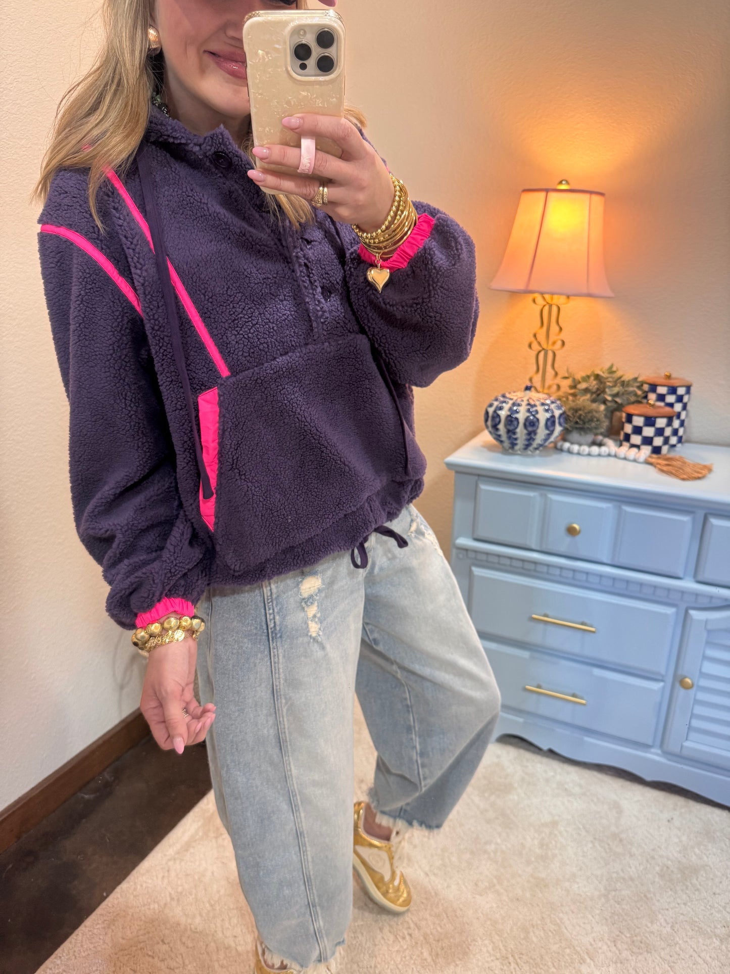 Purple & Neon Pink Sherpa Buttoned Hoodie