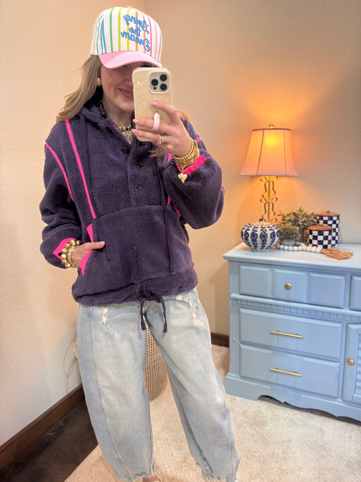 Purple & Neon Pink Sherpa Buttoned Hoodie