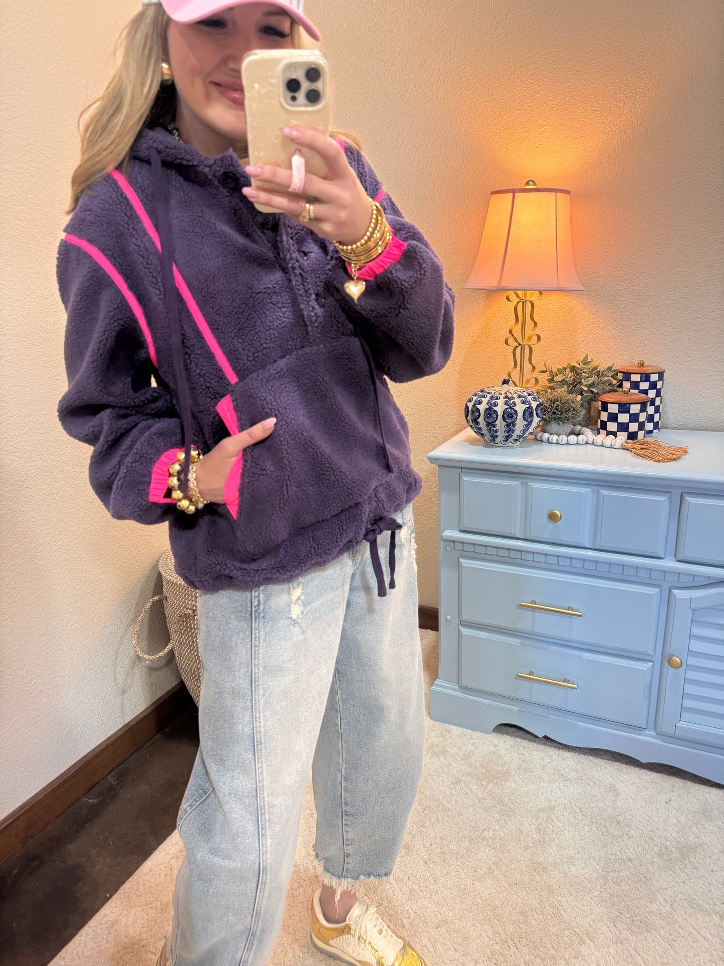 Purple & Neon Pink Sherpa Buttoned Hoodie