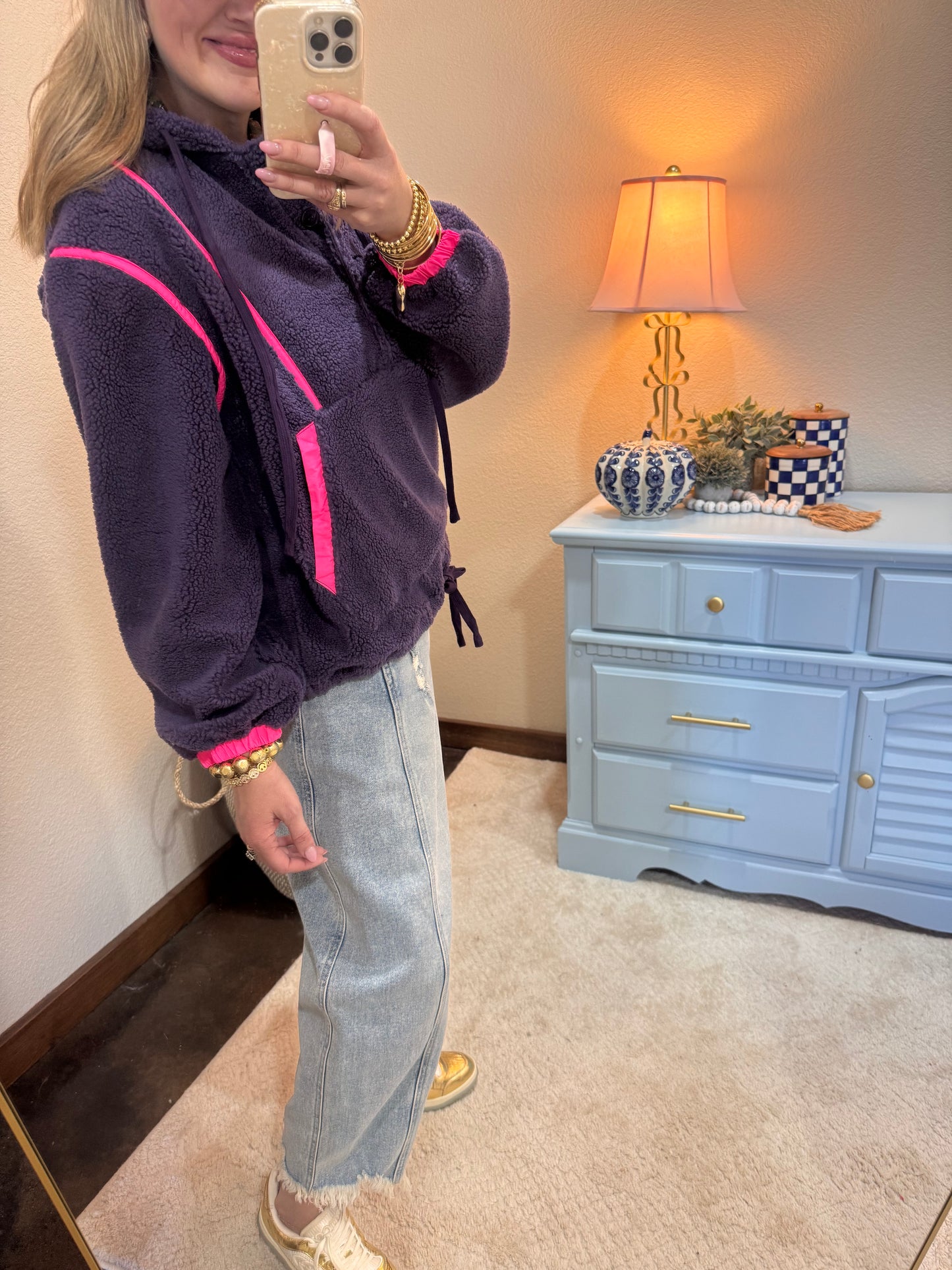 Purple & Neon Pink Sherpa Buttoned Hoodie
