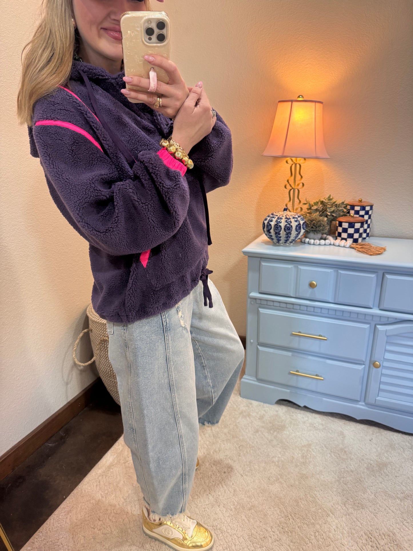 Purple & Neon Pink Sherpa Buttoned Hoodie