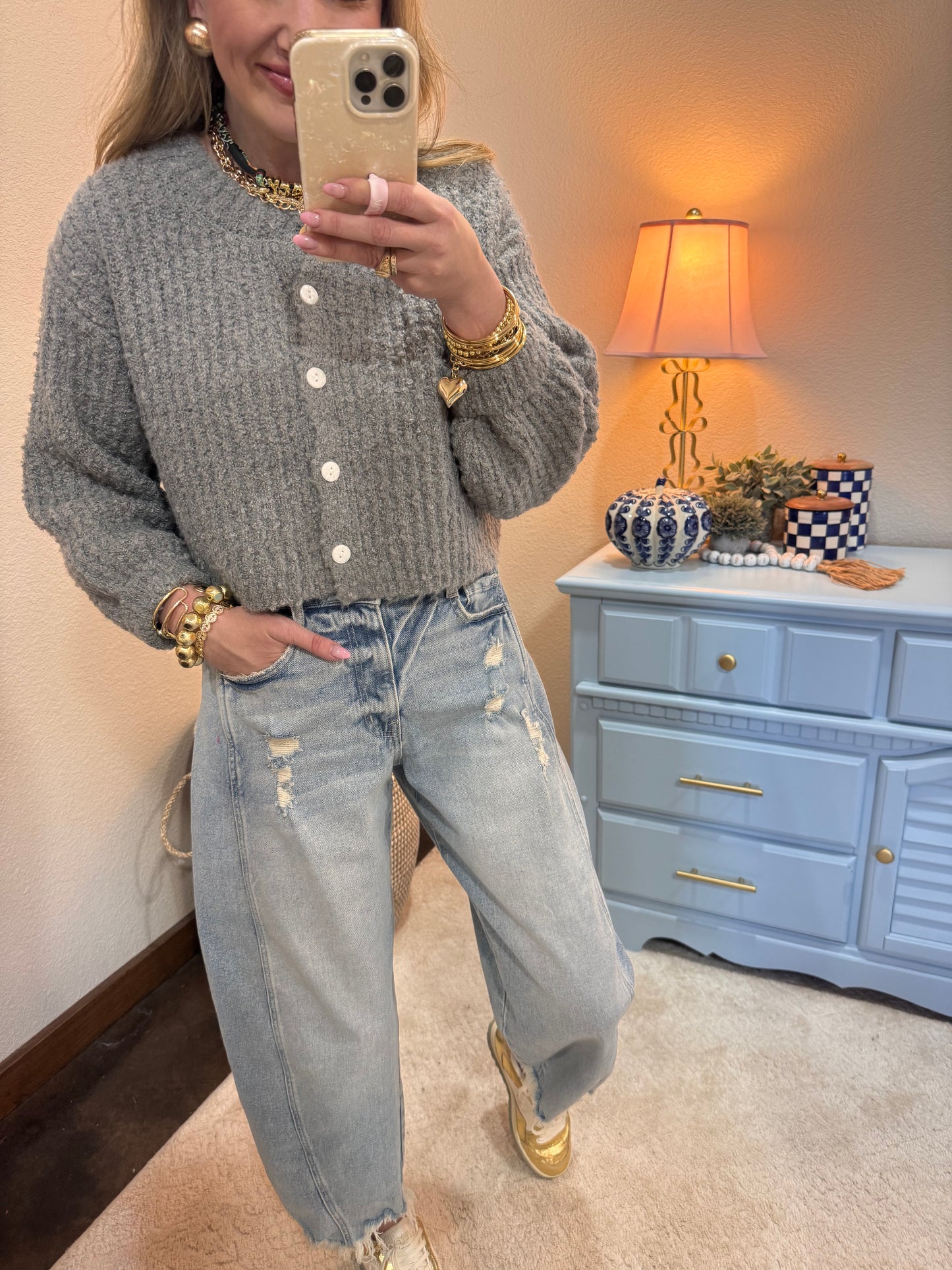 Gray Fluffy Knit Button-up Cardigan Sweater